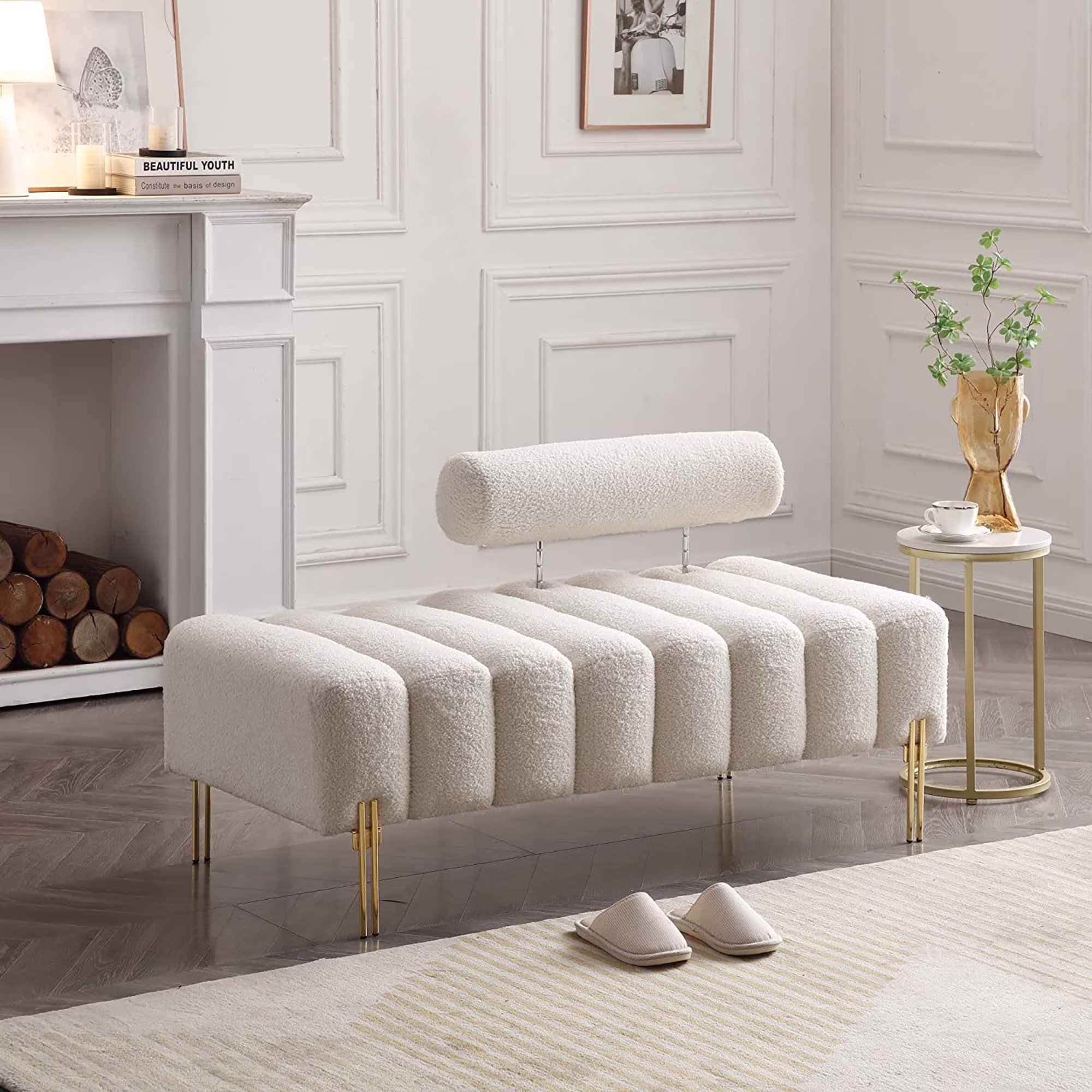 Sherpa Upholstered Indoor Bench, White(White)
