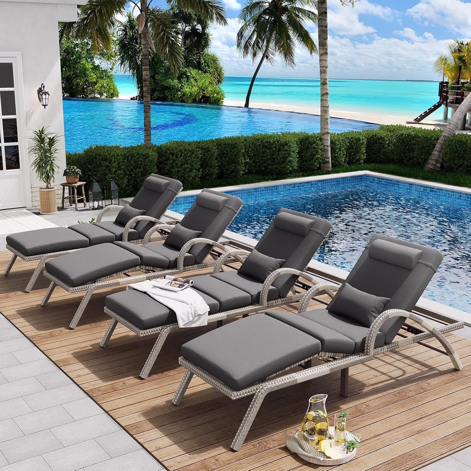 MEISSALIVVE 4 - Piece Outdoor Lounge Chairs, Pool Chairs with Adjustable 5 Position Backrest, PE Rattan Chaise for Backyard Porch Deck (Gray)