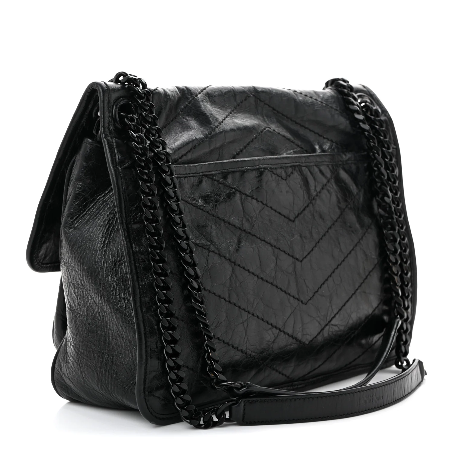 Crinkled Calfskin Matelasse Monogram Medium Niki Chain Satchel Black