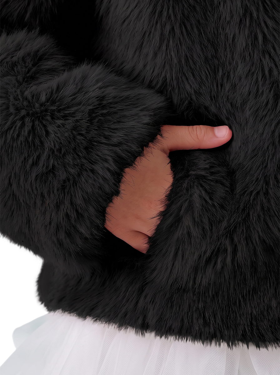 Stanetco Girls' Black Faux Fur Coat - Kids Warm Fluffy Winter Jacket, Elegant Shaggy Outerwear with Classic Lapel Collar