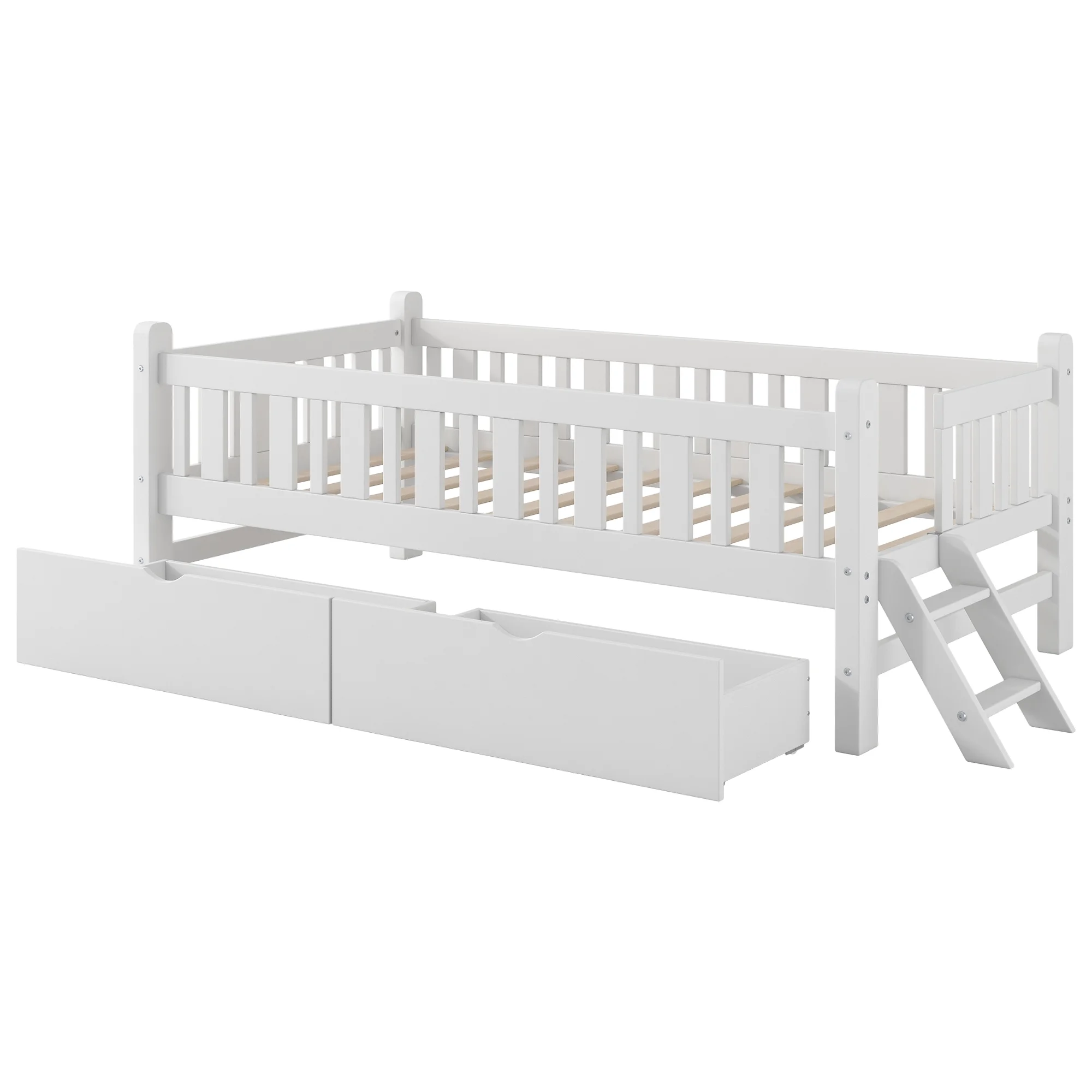 Wood Twin Size Platform Bed with 2 Drawers and Ladder for Kids and Toddlers, White(White) - Image 10