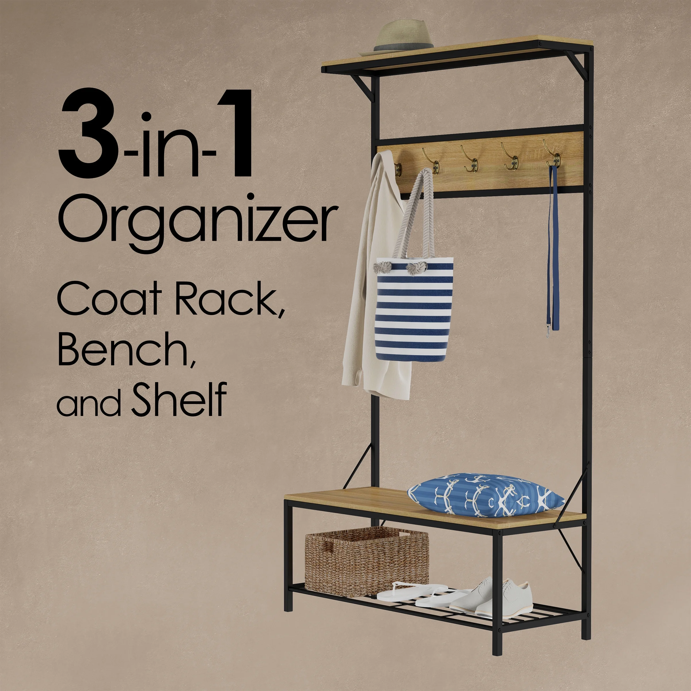 Lavish Home Entryway Bench with Seat and Shoe Storage (Woodgrain-Look)