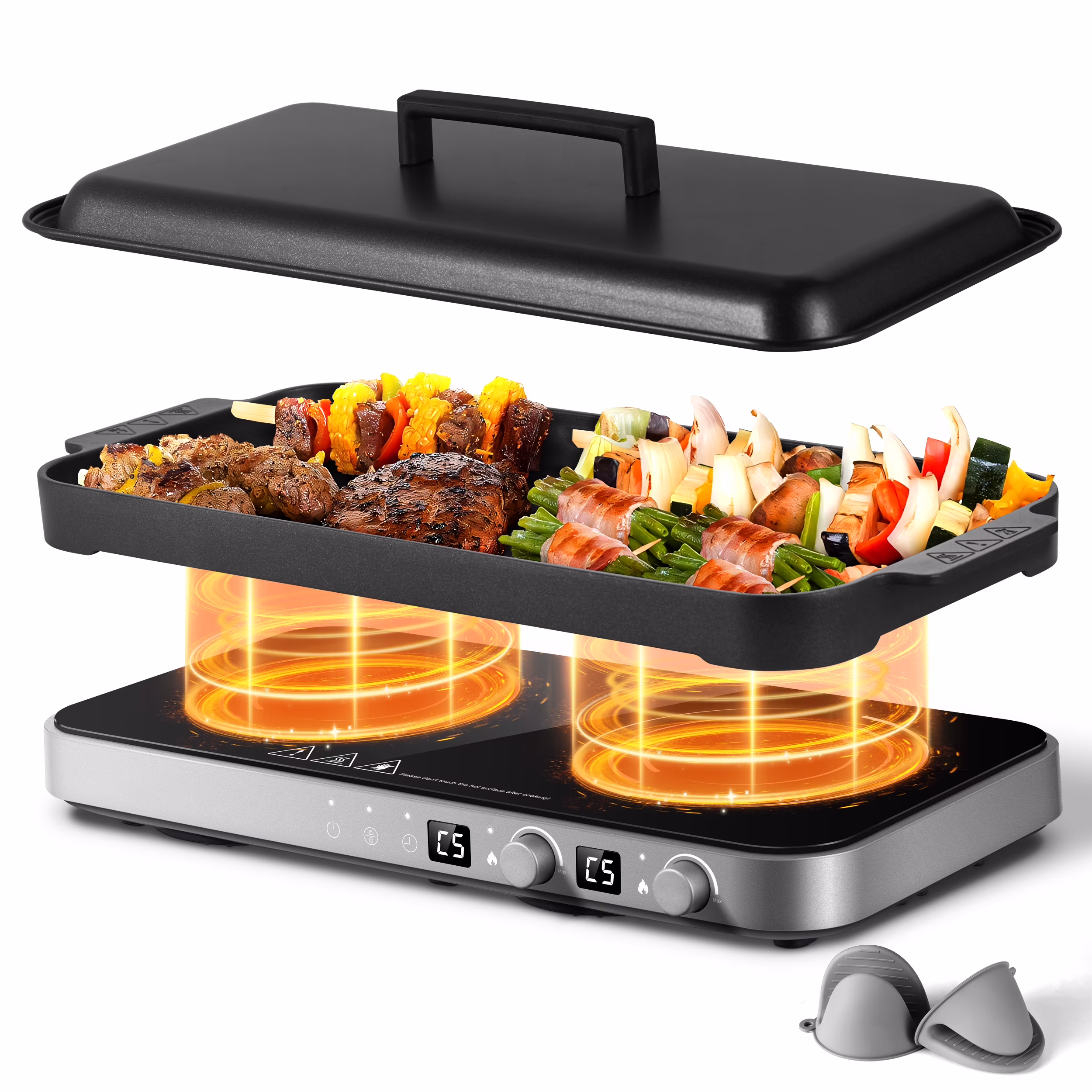 Sunmaki Portable Double Induction Cooktop with Removable Griddle Pan Non - Stick, 1800W 2 Burner Induction Hot Plate with Sensor Touch 9 Power Levels, 99 Min Timer, Great for Family Party