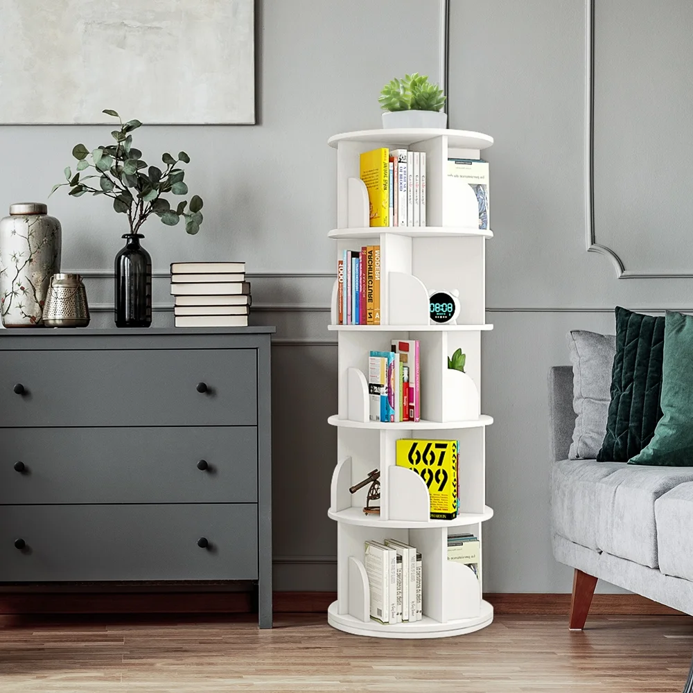 5 Tier Rotating Bookshelf, 360?�� Revolving Bookcase 20 Shelves Floor-Standing Storage Display Rack White 63"x18"x18", Adult(White) - Image 9