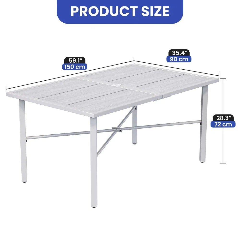 Dextrus Spacious Gray Rectangular Dining Table for 6 Individuals, Outdoor 59  Patio Dining Table with 2 Umbrella Opening, Ideal for Backyards, Lawns, and Gardens