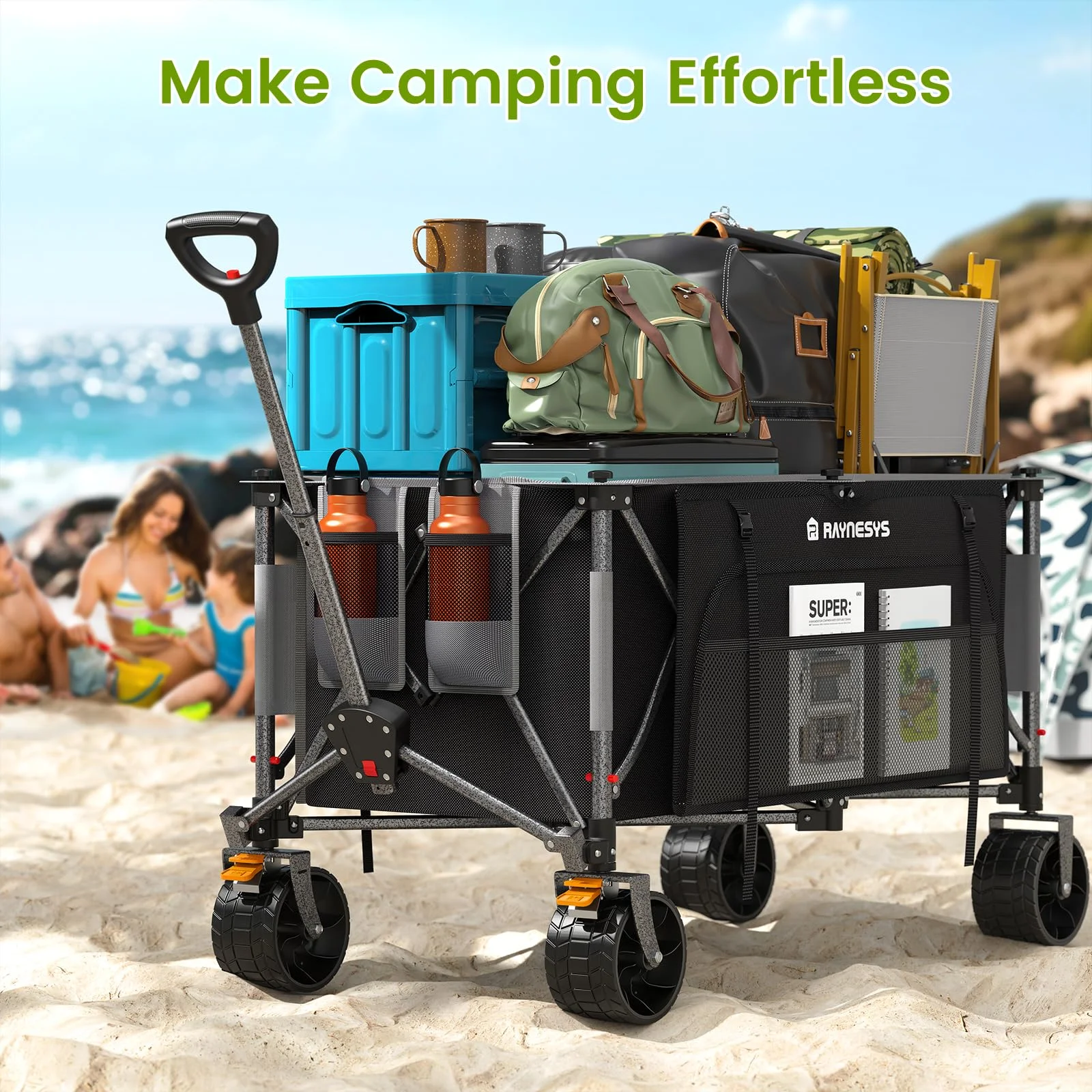300L Foldable Wagon Cart with Wheels, 440lbs Heavy Duty Beach Wagon for Sand Sports Camping Grocery, Black Gray - Image 4