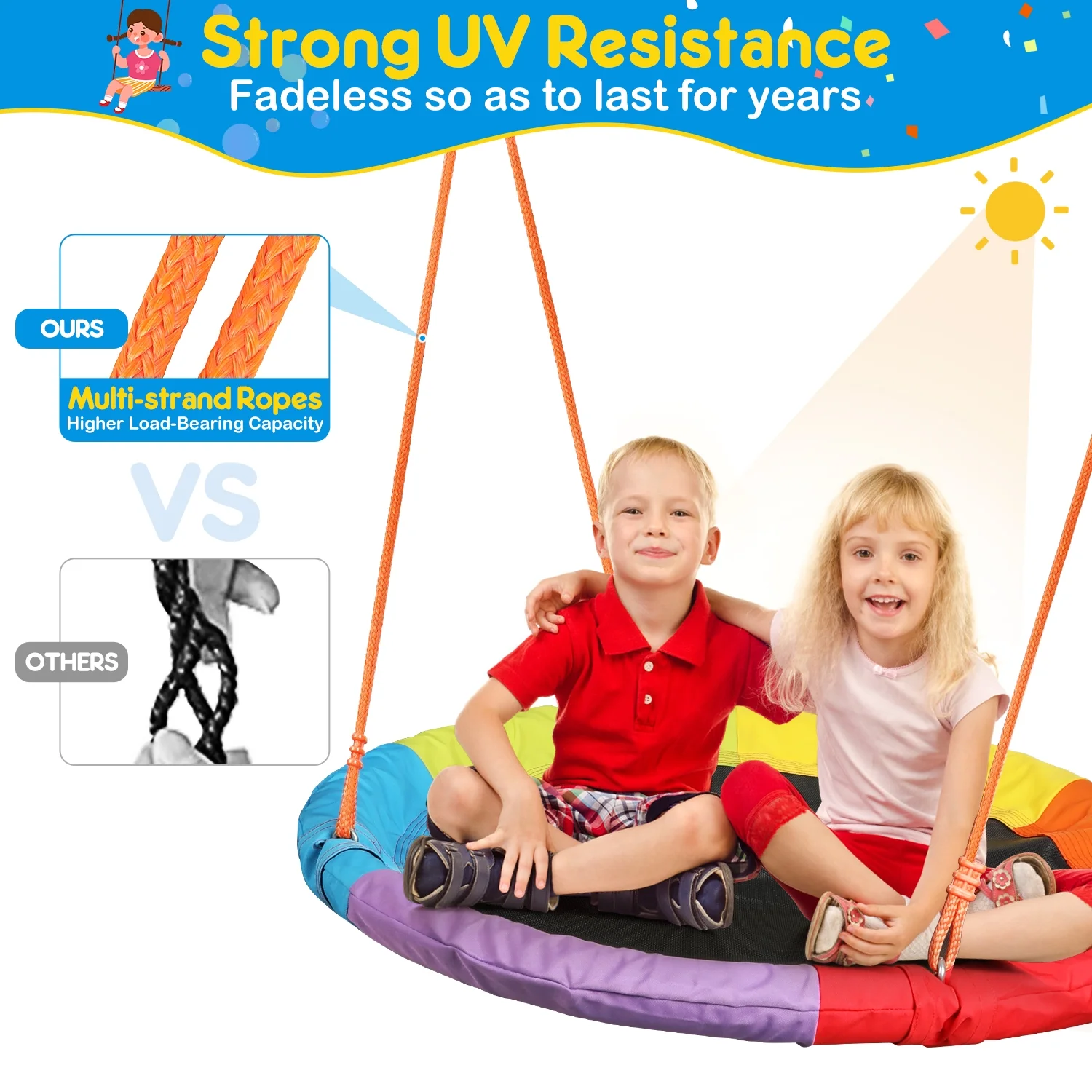 Swing Sets for Outside 440lbs Swing Set for 2-3 Kids Outdoor with Heavy-Duty Metal Frame Adjustable Ropes Round Swing, Rainbow(One Size) - Image 7