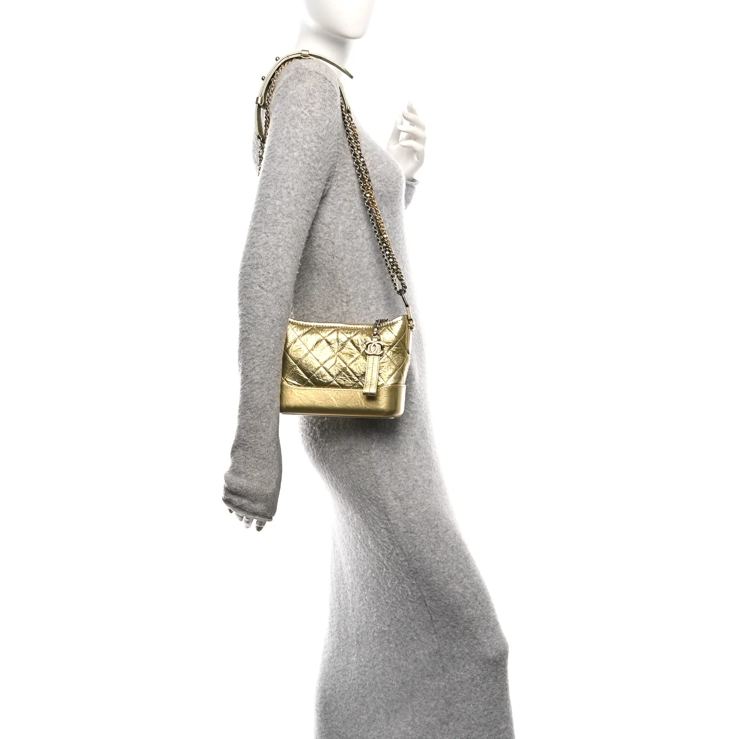 Metallic Aged Calfskin Quilted Small Gabrielle Hobo Gold