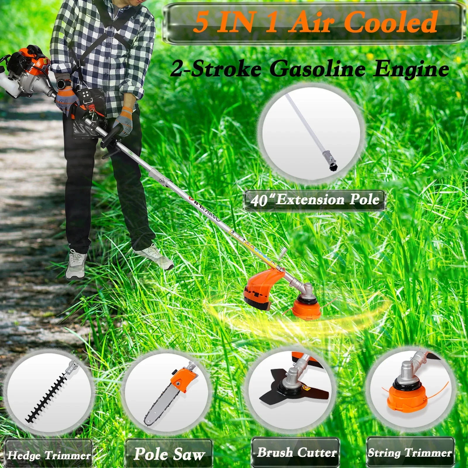 POWANLI 4-in-1 Multi-Functional Trimming Tool,56CC 2-Cycle Gas Garden Tool System with Pole Saw, Hedge Trimmer, Grass Trimmer, Brush Cutter - EPA Compliant