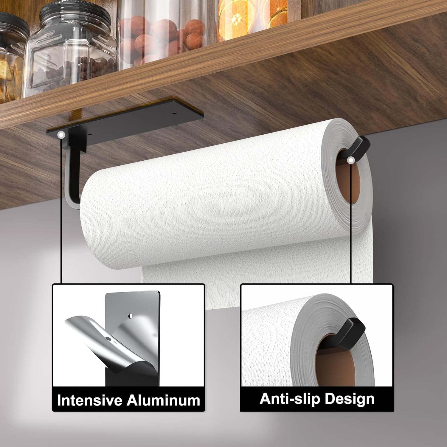 Paper Towel Holder Under Cabinet, Self-Adhesive or Drilling, Matte Black