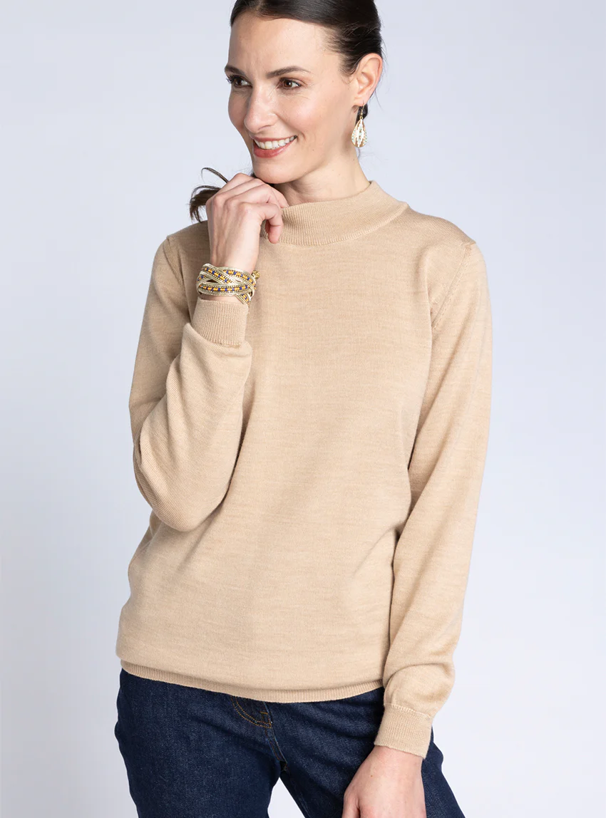 Pull femme col cheminée laine mérinos beige chaud