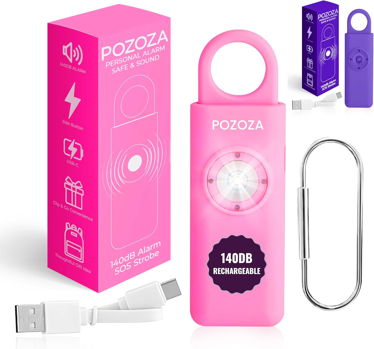 140dB Loudest USB-C Rechargeable Personal Alarm Keychain for Women – Low Battery Indicator, Strobe Light & Panic Button for Self Defense Weapons, Seniors & Travel Safety Essentials (Pink)