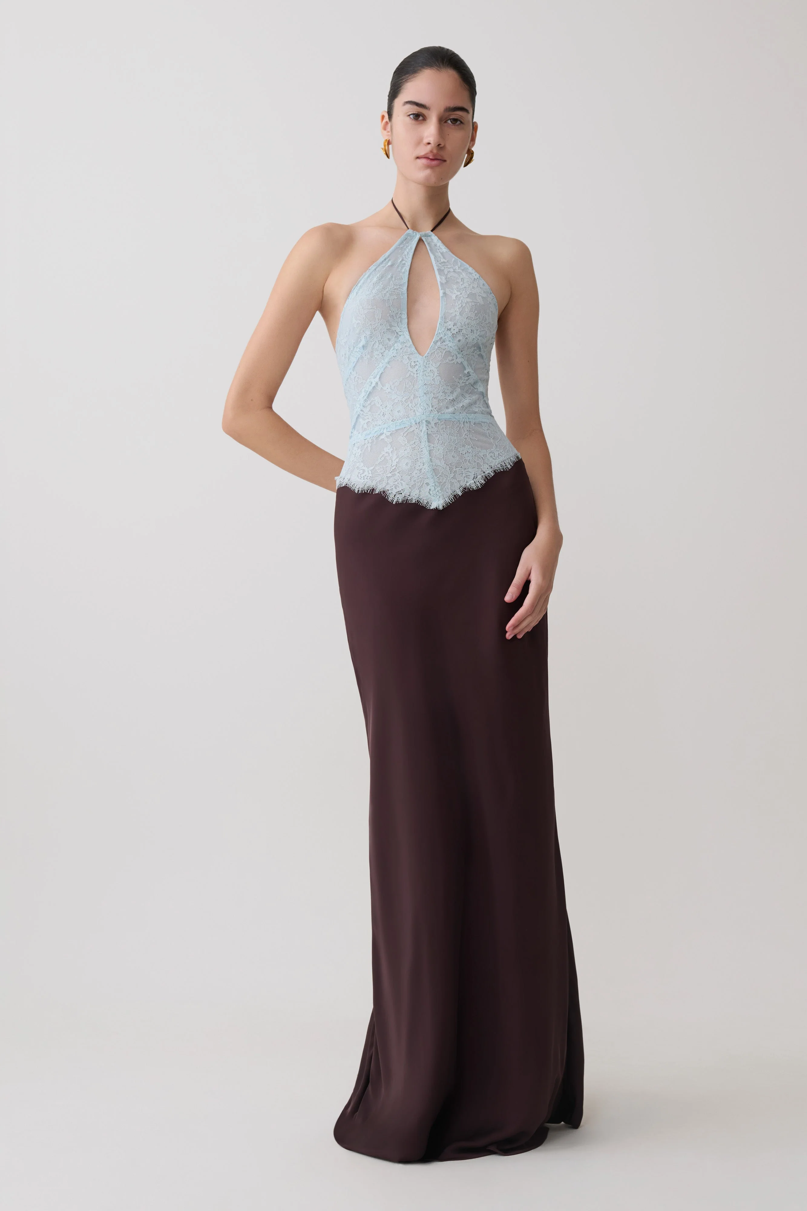 Sascha Lace And Satin Halter Maxi Dress - Ice Blue/Chocolate