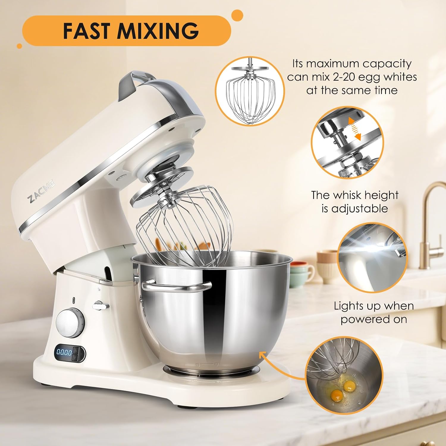 8.4QT Commercial Stand Mixer 800W with Aluminum Die Casting Meets the Standard of NSF/ANSI 8-2023, Electric Kitchen Stand Mixer with Stainless Steel 8L Bowl, Dough Hook, Whisk and Beater