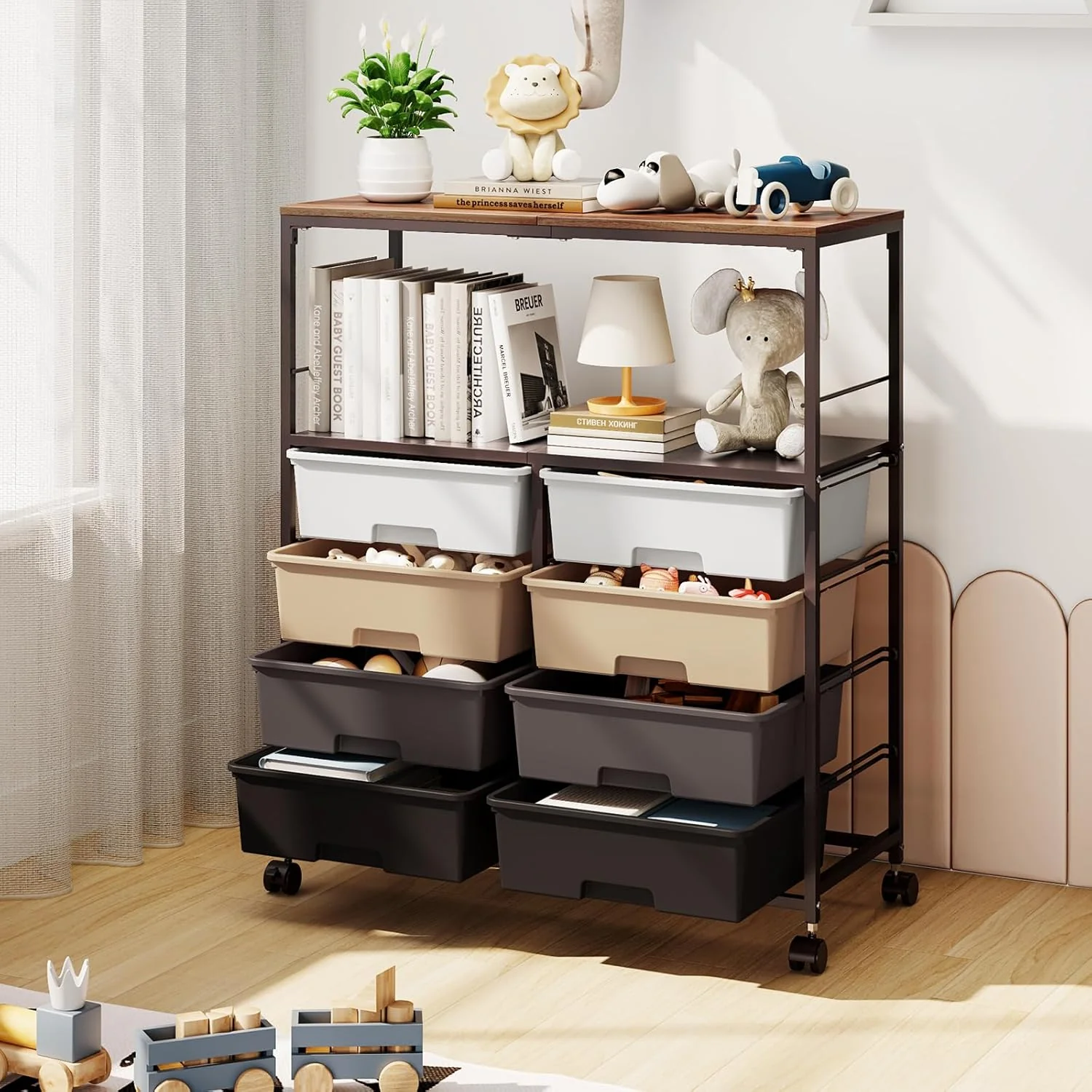 8-Drawer Rolling Storage Cart with Wooden Top & Open Shelves, Multifunctional Utility Cart with Lockable Wheels for Home Office, Craft Room & Classroom, Pink