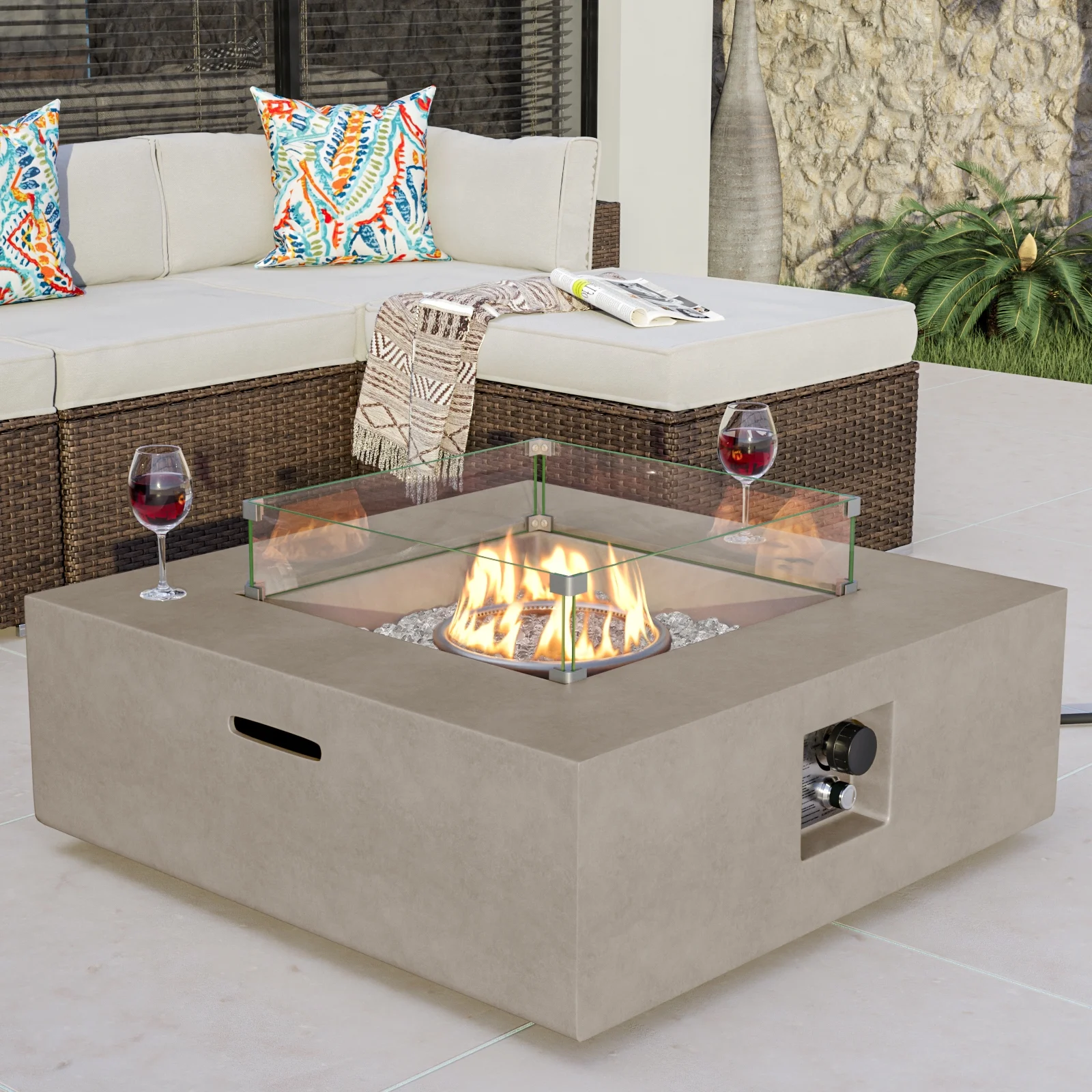 35" Square Concrete Fire Pit Table with Fire Glass Wind Guard(Brown/Blue Fire Glass) - Image 8
