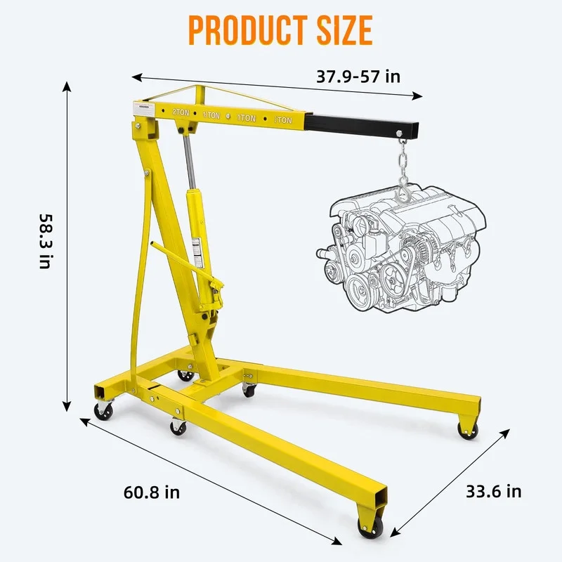 2 Ton Hydraulic Engine Hoist, Shop Crane, Cherry Picker with Telescoping Boom and 6 Casters for Garage Workshop Automotive Repair, Yellow - Image 5