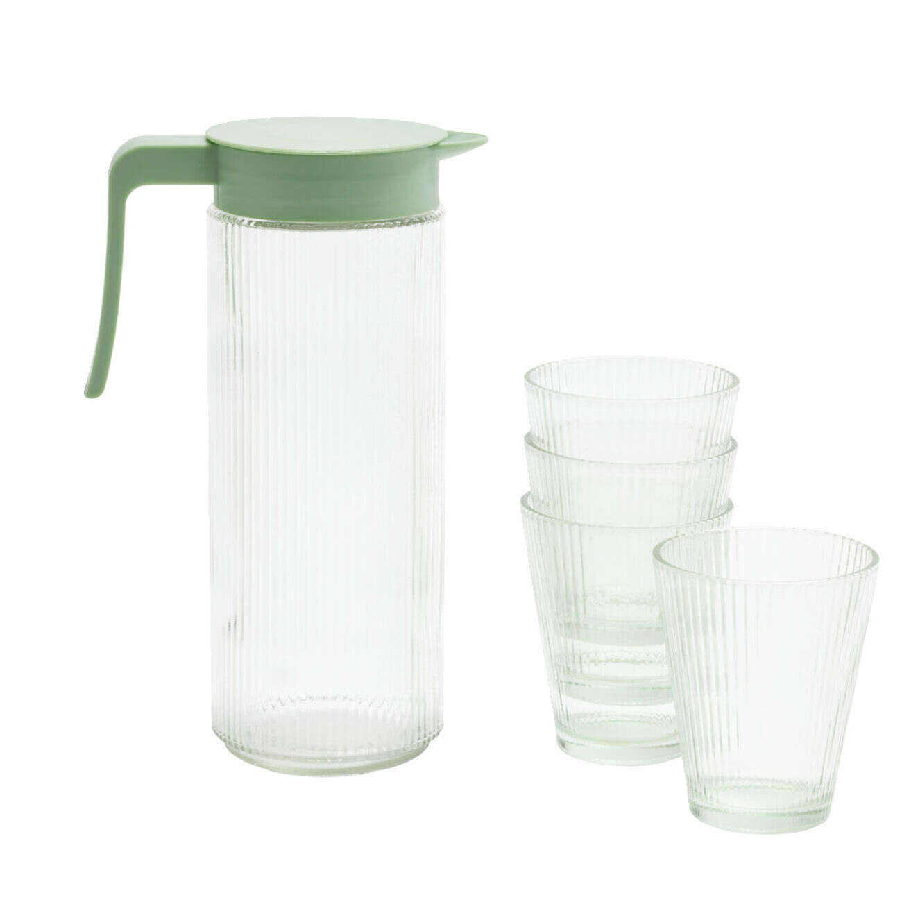 Pichet en verre et plastique vert avec 4 verres