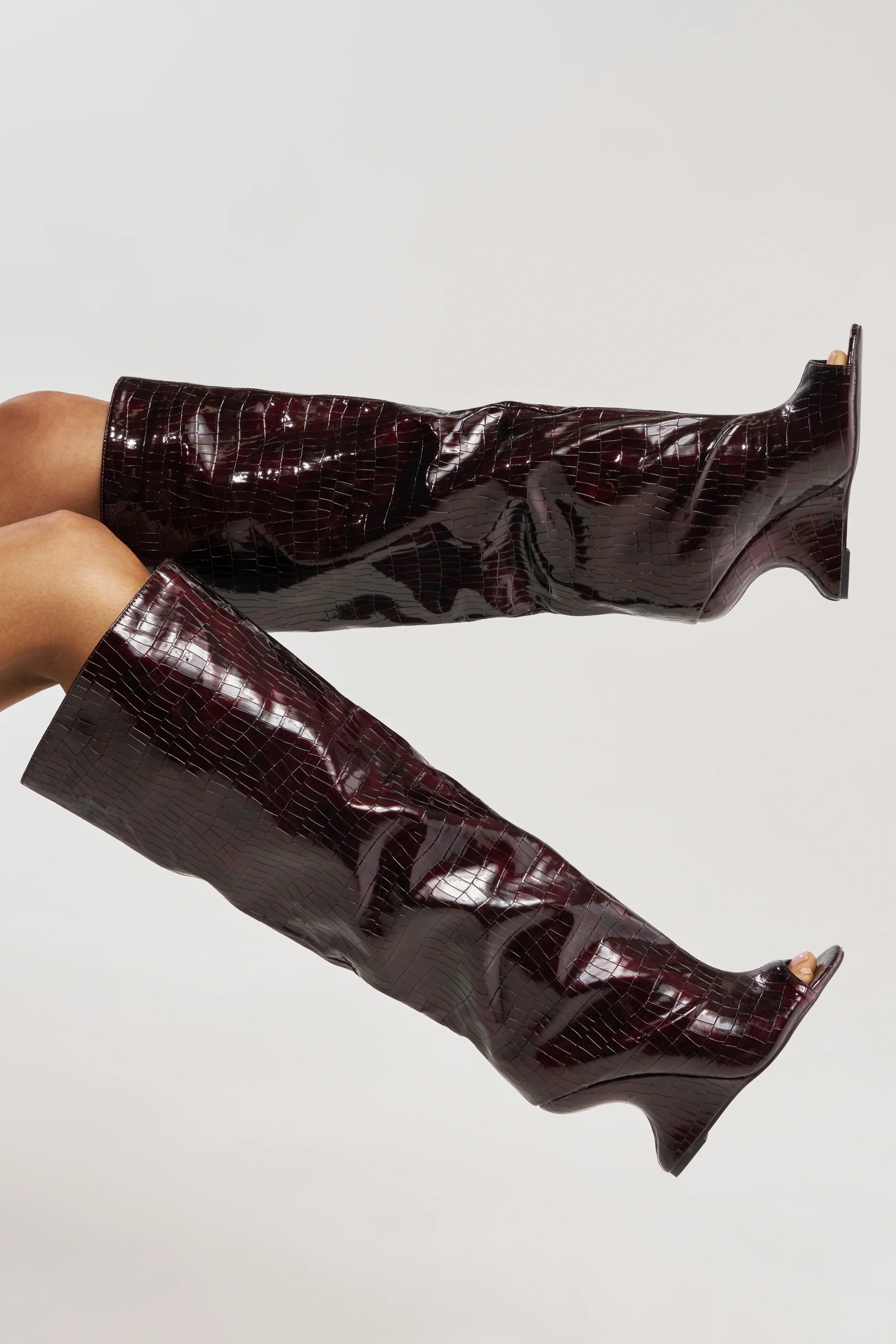 AZALEA WANG VINCENT BURGUNDY CROC OPEN TOE WEDGE BOOT - Akira Store