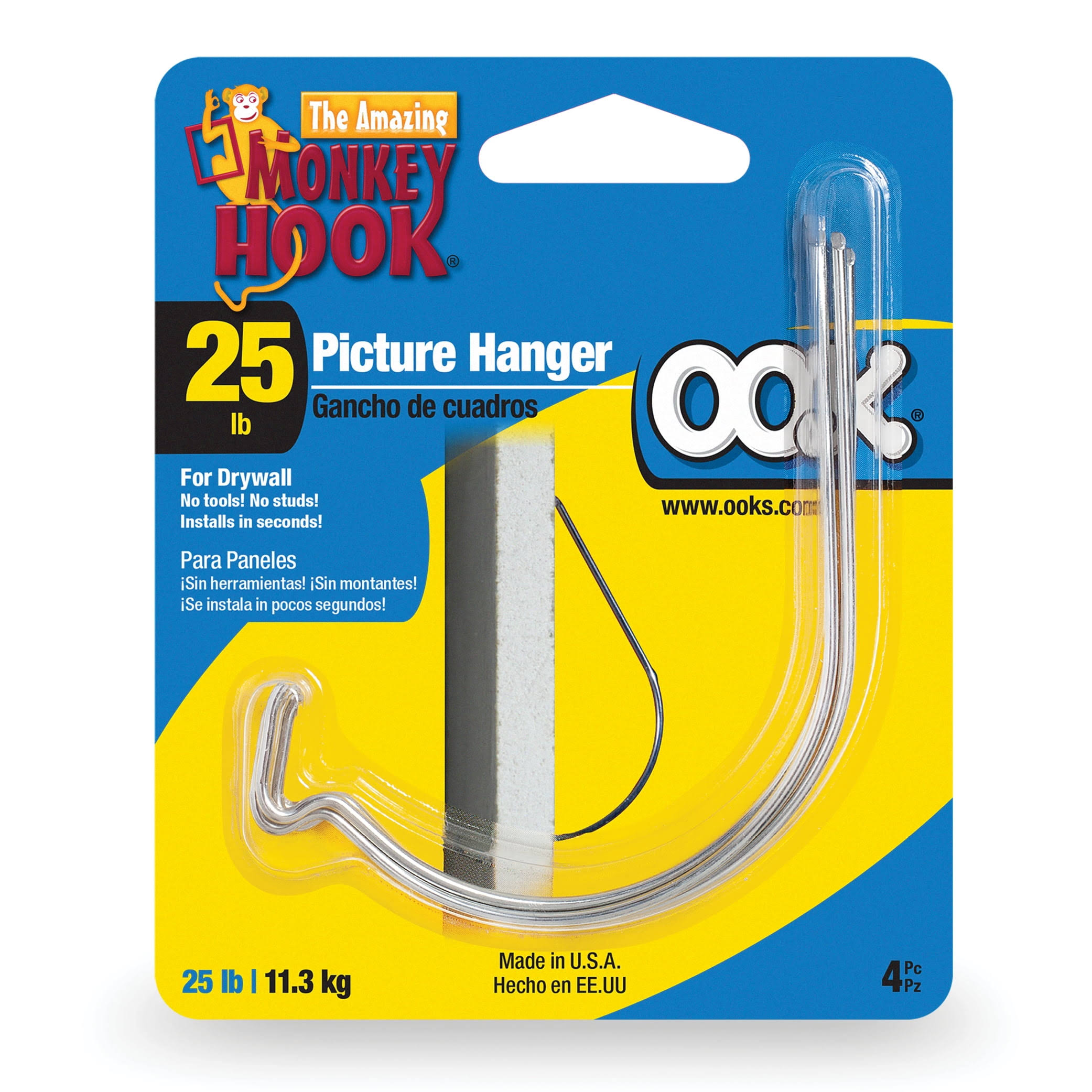 Ook Monkey Hook Picture Hangers, Drywall, Steel, Tool Free (25lb) 4 Pack 9985604