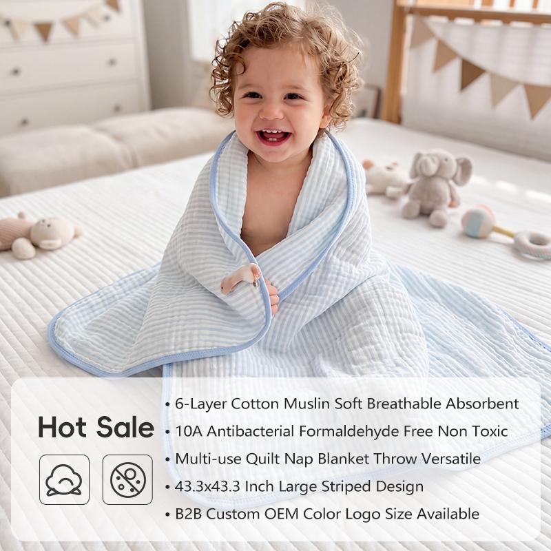Premium High Density 6-Layered Muslin Baby Quilt Extra Large Bamboo Cotton Antibacterial Geometric Pattern Sleeping Blanket Soft