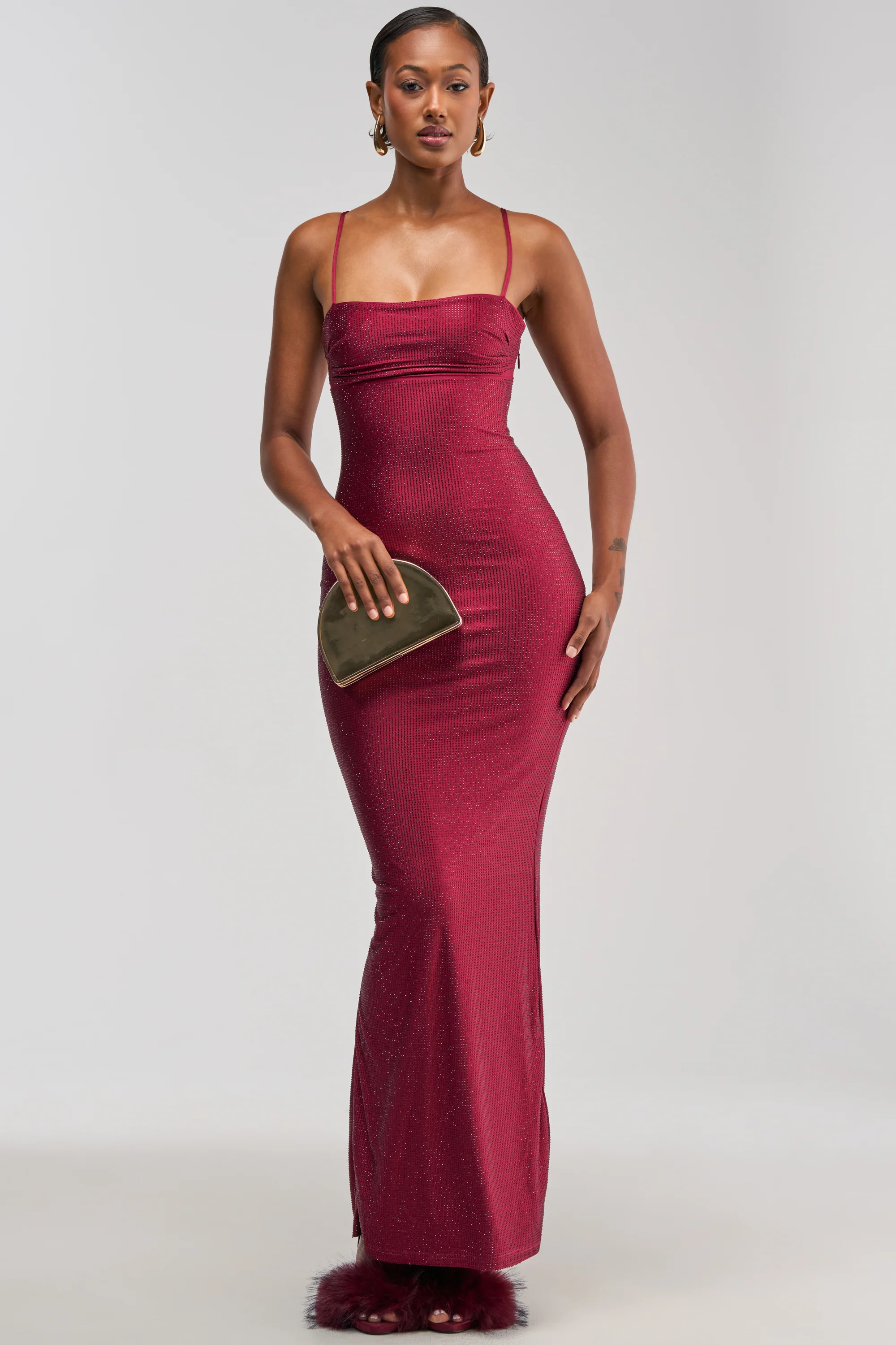 SOCIAL ROYALTY RHINESTONE MAXI DRESS IN BURGUNDY - Akira Store