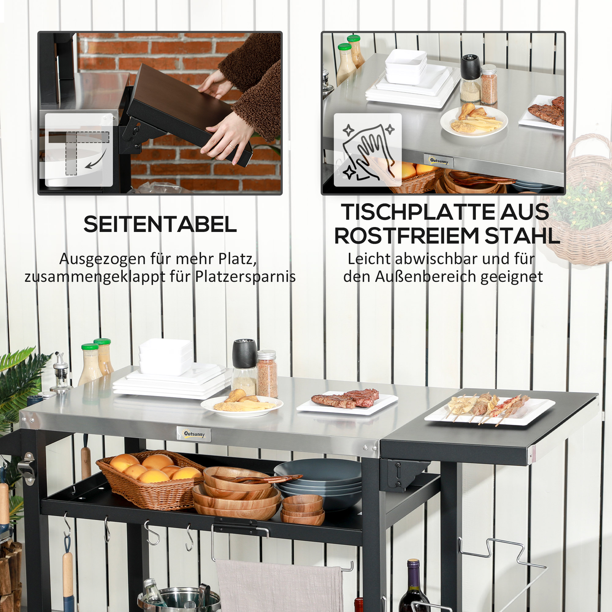 Outsunny Barbecuestation BBQ-wagen, incl. accessoires, 125 x 65 x 84 cm, Zwart + Zilver