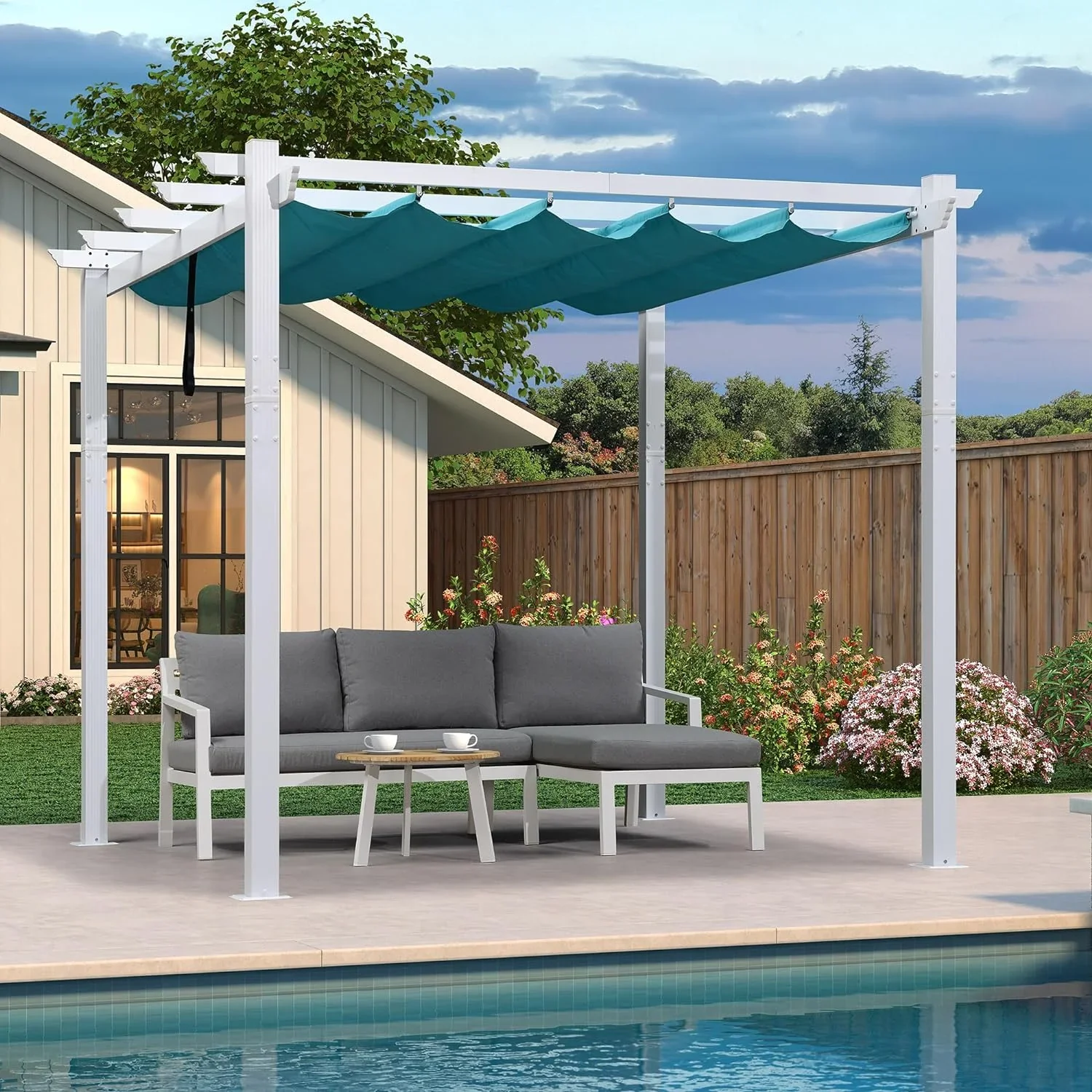 PURPLE LEAF 10' x 10' Outdoor Retractable Pergola Heavy-Duty Aluminum White Pergola with Sun Shade Canopy Patio Modern Shelter for Garden Porch Yard Deck Beach Grape Trellis, Turquoise Blue