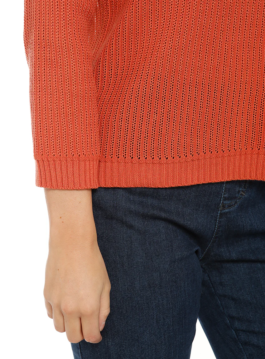 Pull femme coton ajouré orange ocre