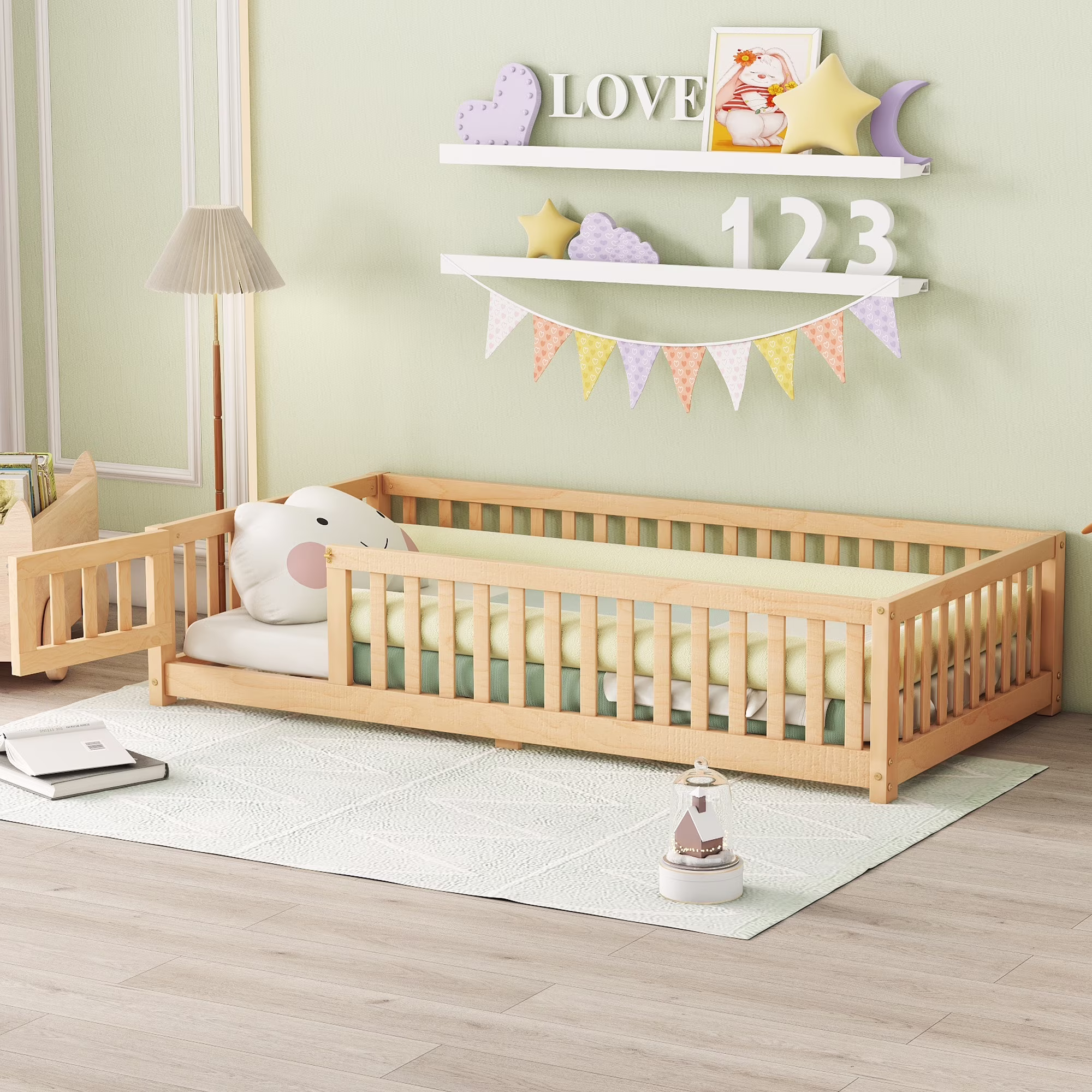 Yoneston Twin Size Bed Floor Bed with Safety Guardrails and Door for Kids & Toddlers, Natural