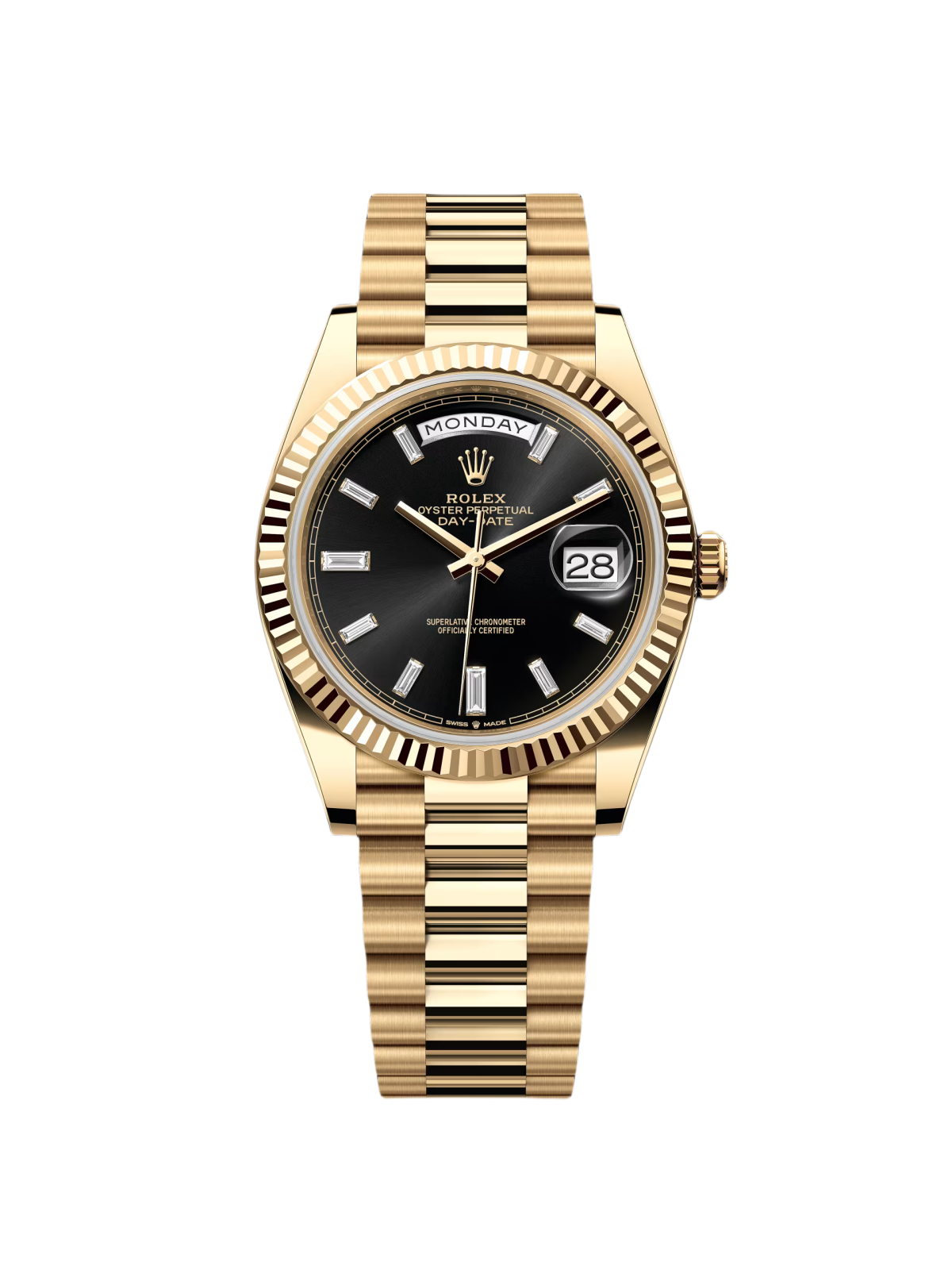 【Super Clone】RLX  Yellow Gold President Day Date 40mm Black Diamond Baguette Dial - 228238