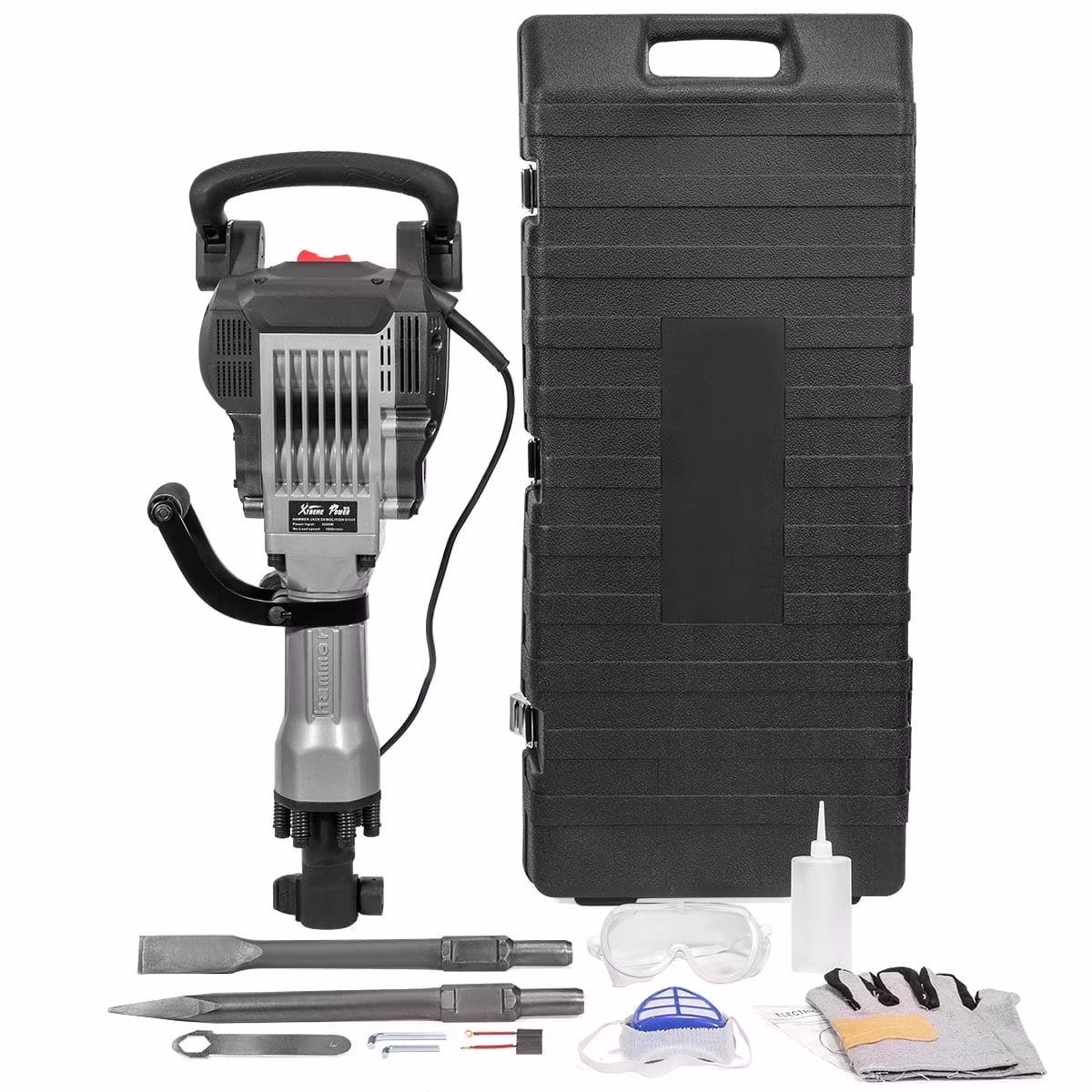 XtremepowerUS Demolition Jack Hammer Heavy Duty, 3600W Electric Jackhammer 1900BPM Power Drill Concrete Breaker Bar Point & Chisel Bits Chisel Set