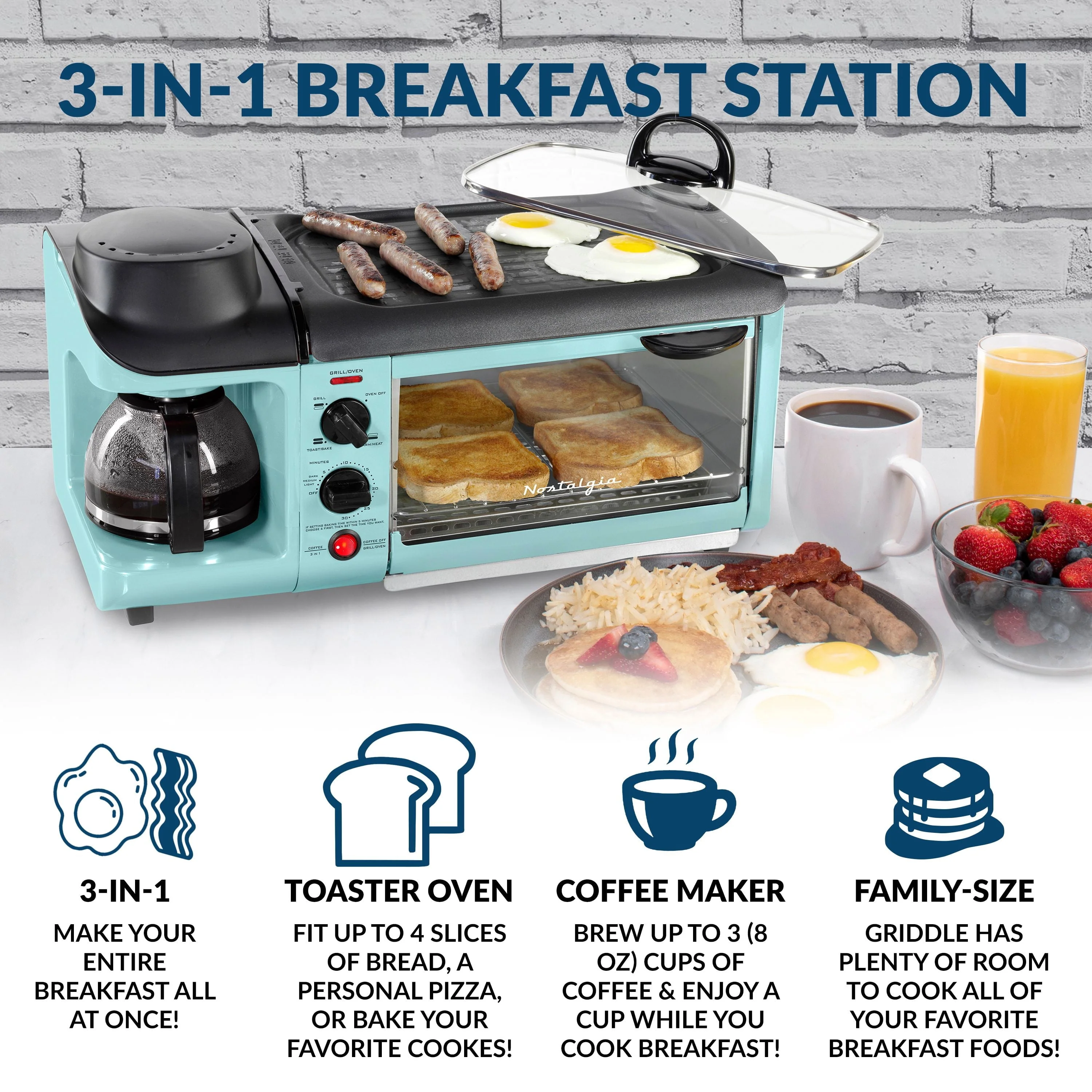 BST3AQ Retro 3 - in - 1 Family Size Electric Breakfast Station, Coffeemaker, Griddle, Toaster Oven - Aqua