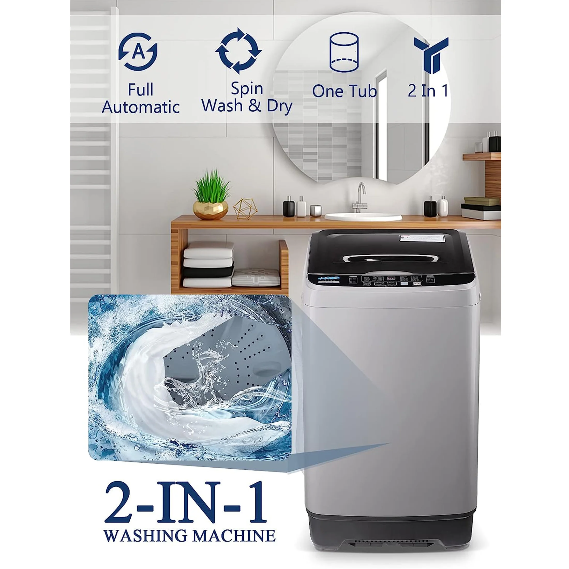 Full-Automatic Washing Machine, Portable Laundry Washer, Compact 17.7 lbs, LED Display, Drain Pump, 10 Wash Programs 8 Water Levels(GREY) - Image 6