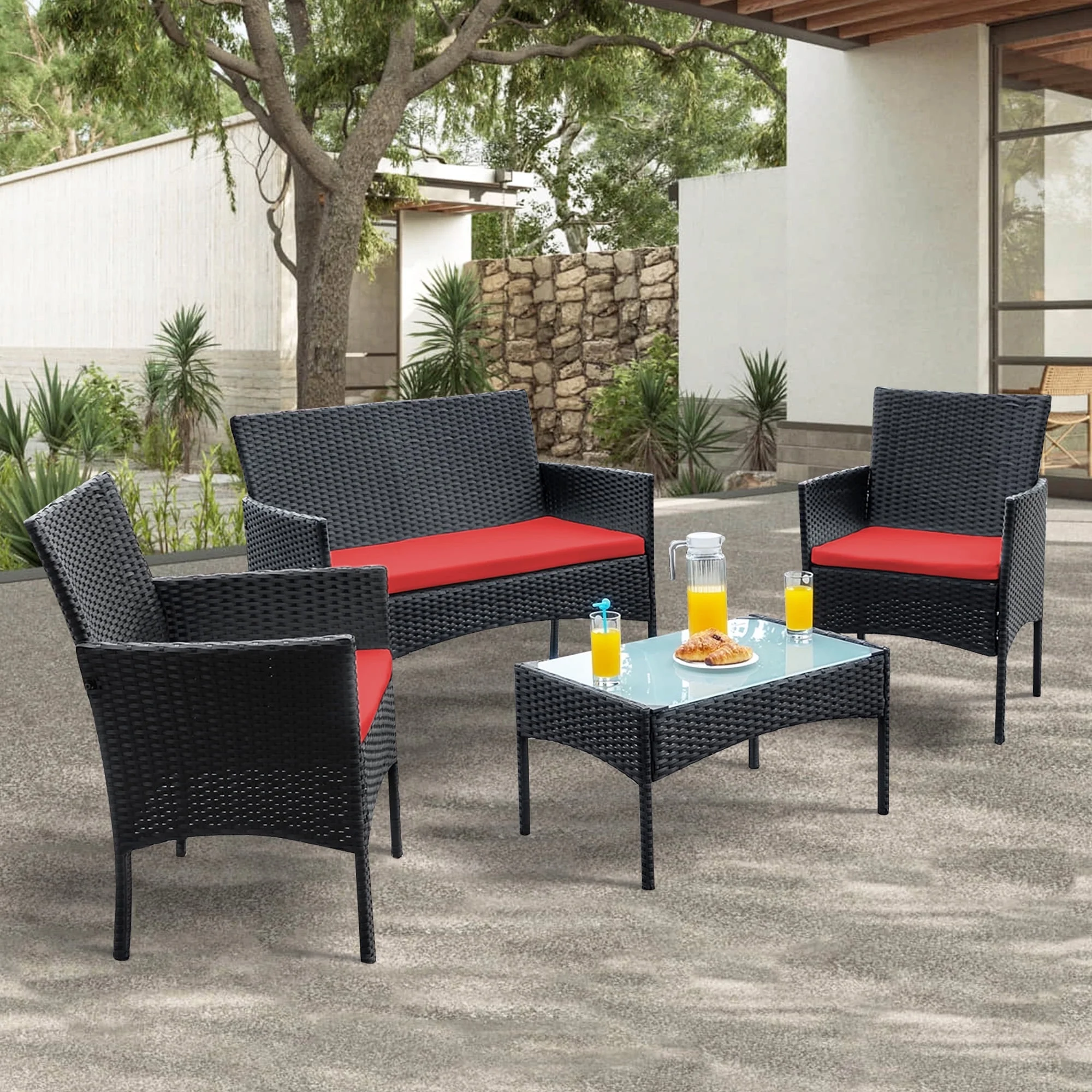 4 Piece Patio Conversation Wicker Furniture Set, Porch Furniture Outdoor Sectional Furniture Set w/Coffee Table Cushions Wicker Sofa Garden Conversation Set for Yard Pool Backyard,Black/Red(Red) - Image 4