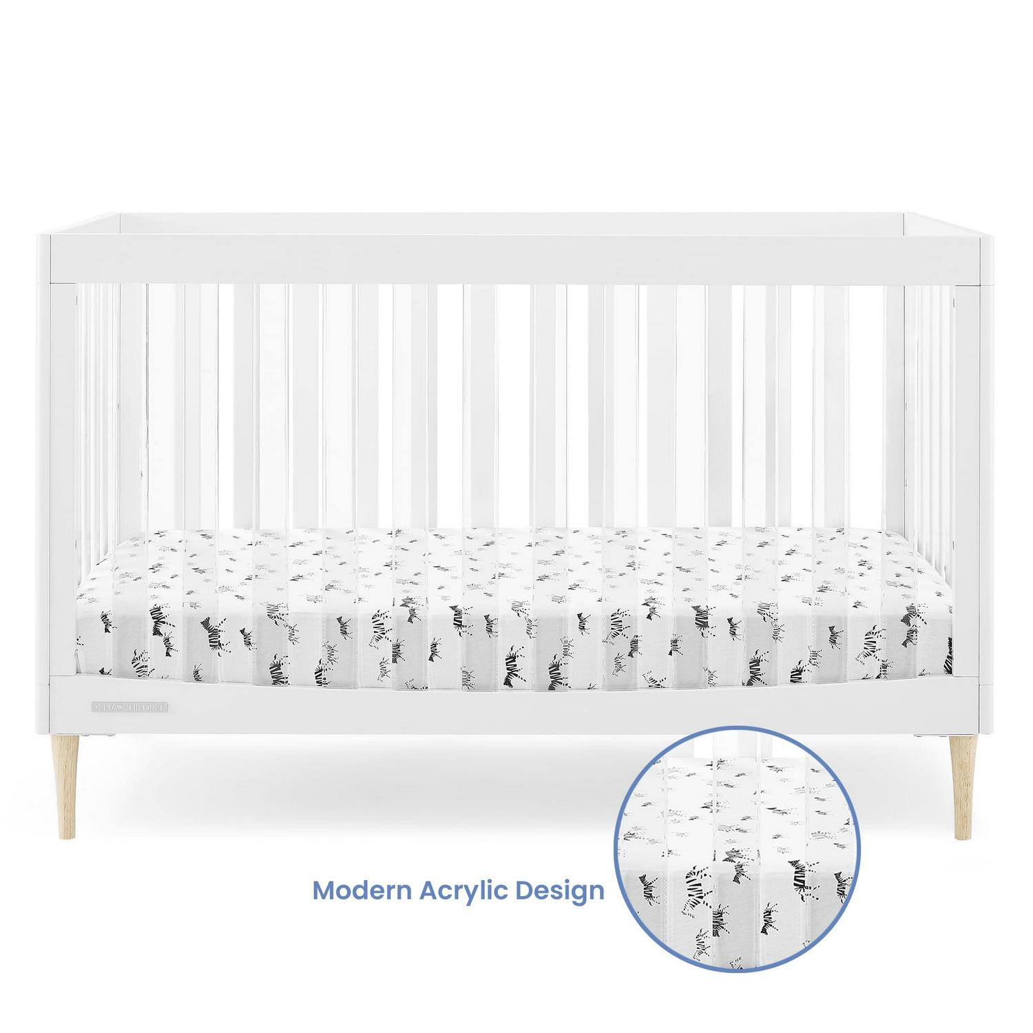 Delta Children Austin Acrylic 4 - in - 1 Convertible Baby Crib - Greenguard Gold Certified. Bianca White/Natural