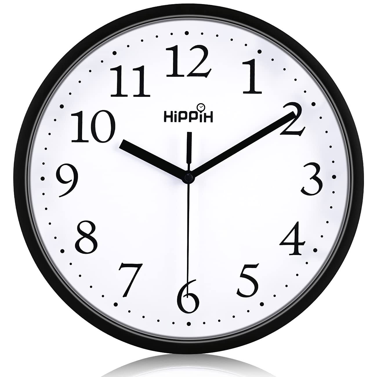 Hippih Black Wall Clock Silent Non Ticking Quality Quartz, 10 inch Round Easy to Read for Home Office School Clock