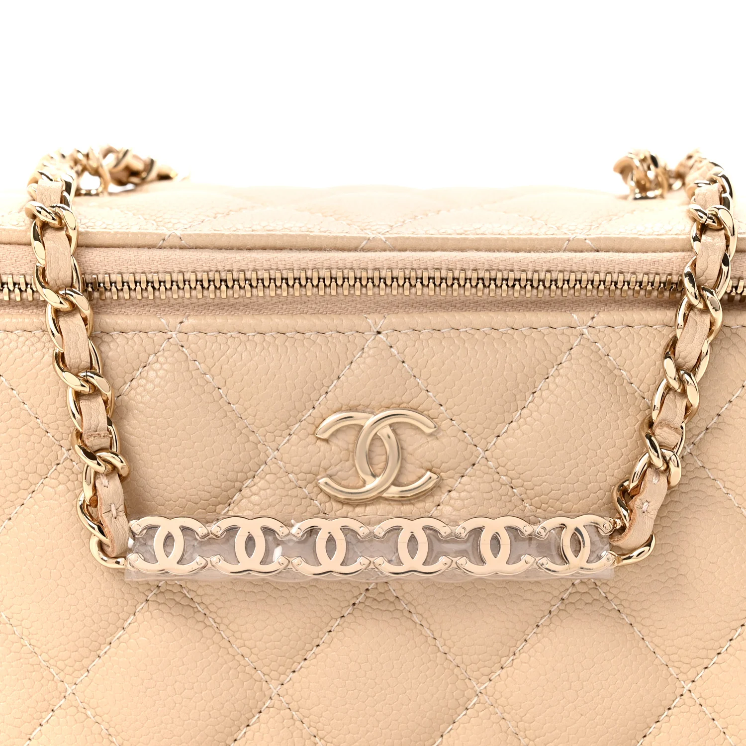 Caviar Quilted Small Tiny CC Vanity Case With Chain Beige