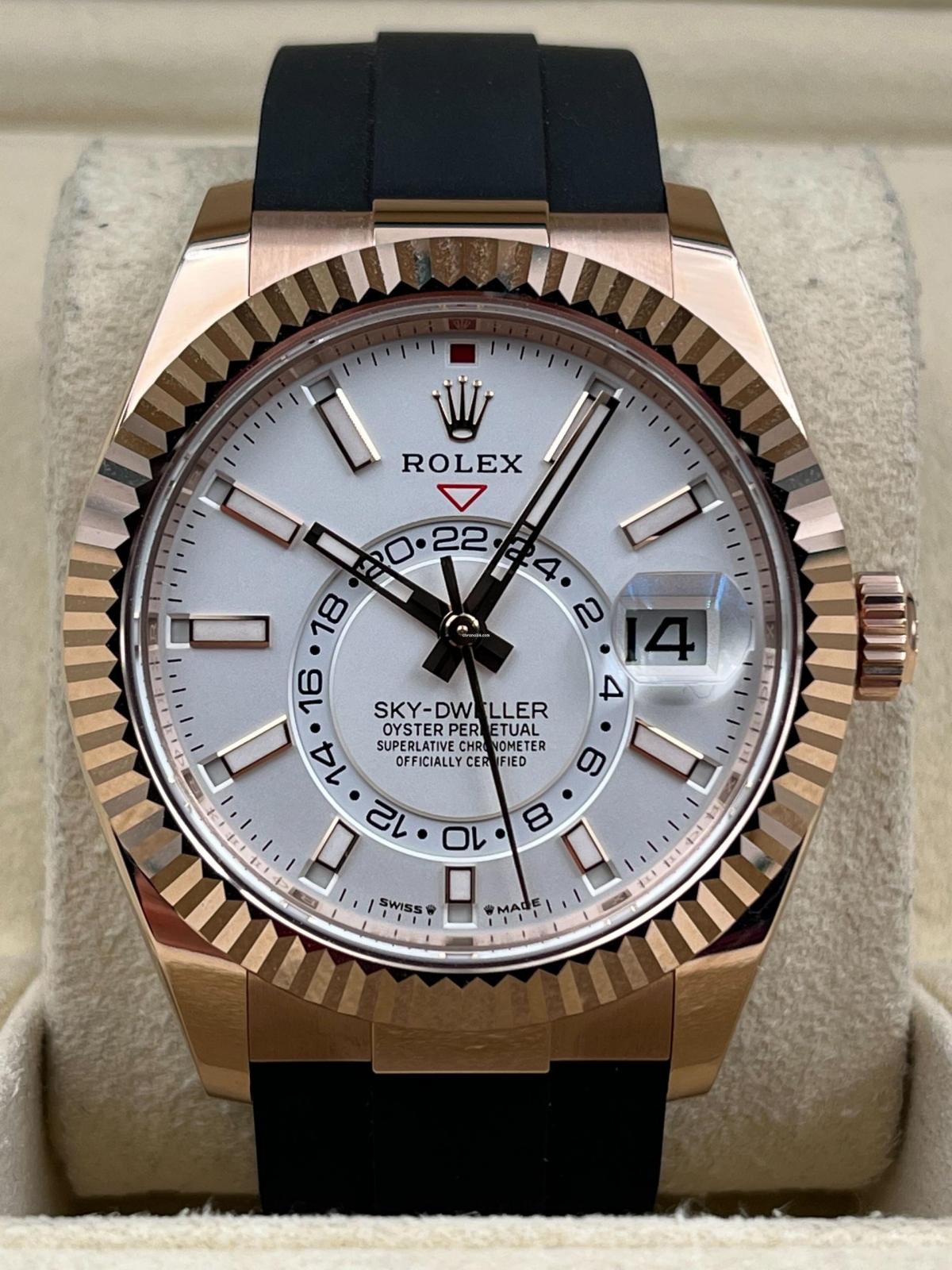[Super Clone]RLX  Sky-Dweller 42mm Rose Gold White Dial Oysterflex - 336235