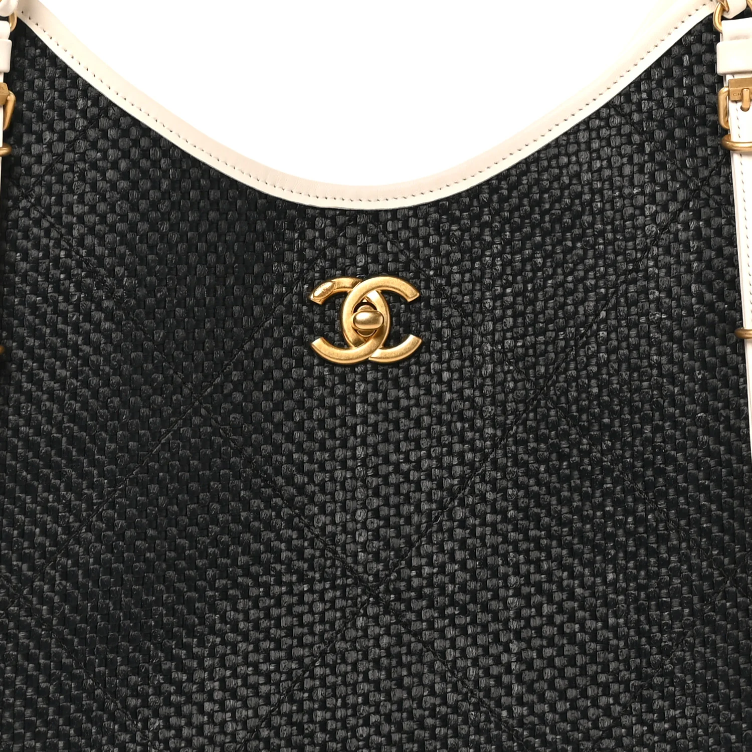 Calfskin Raffia Braided Small Shopping Tote Black White