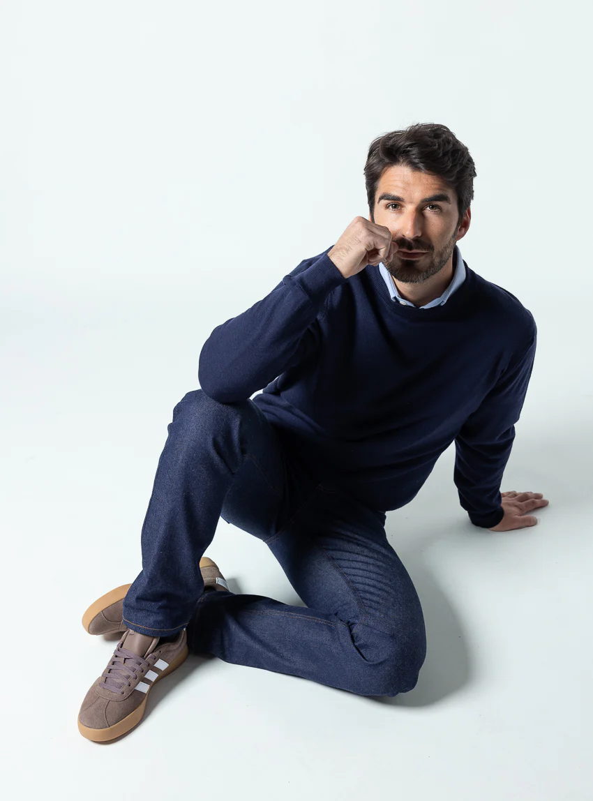 Pull homme col rond laine merinos Bleu Marine