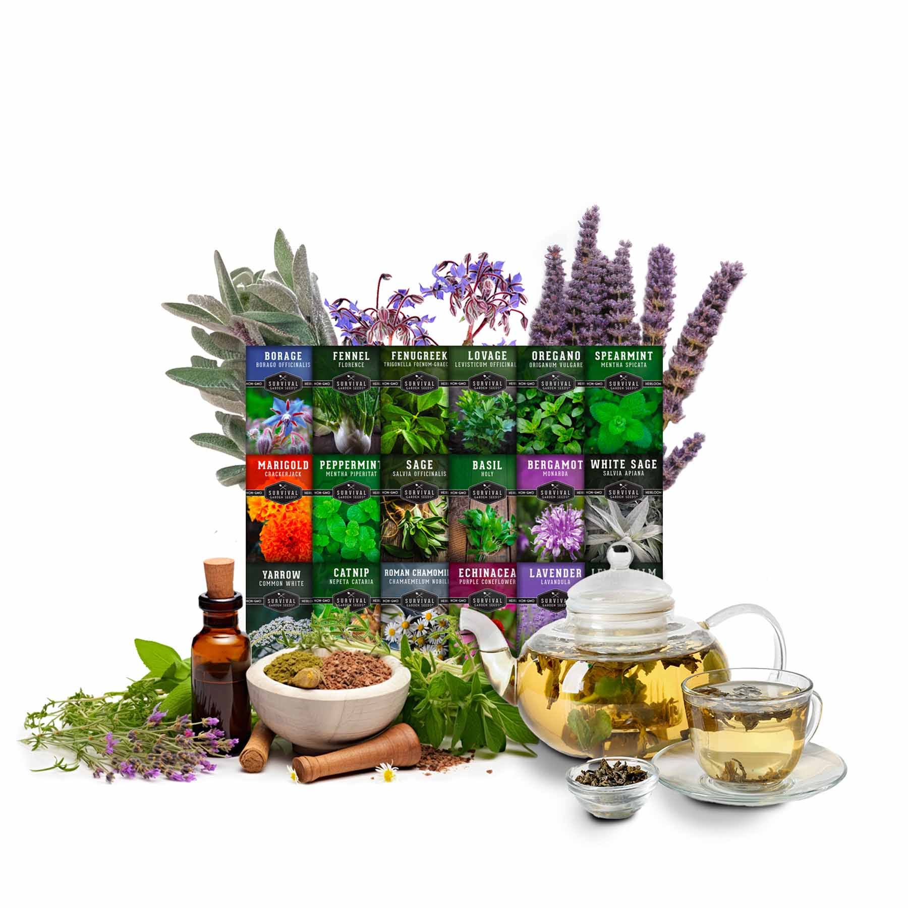 Survival Garden Seeds 18 Medicinal Herb Seed Packets to Plant & Grow - Assortment of Beneficial Plant for Herbal Teas & Medicinal Uses - Non-GMO Heirl