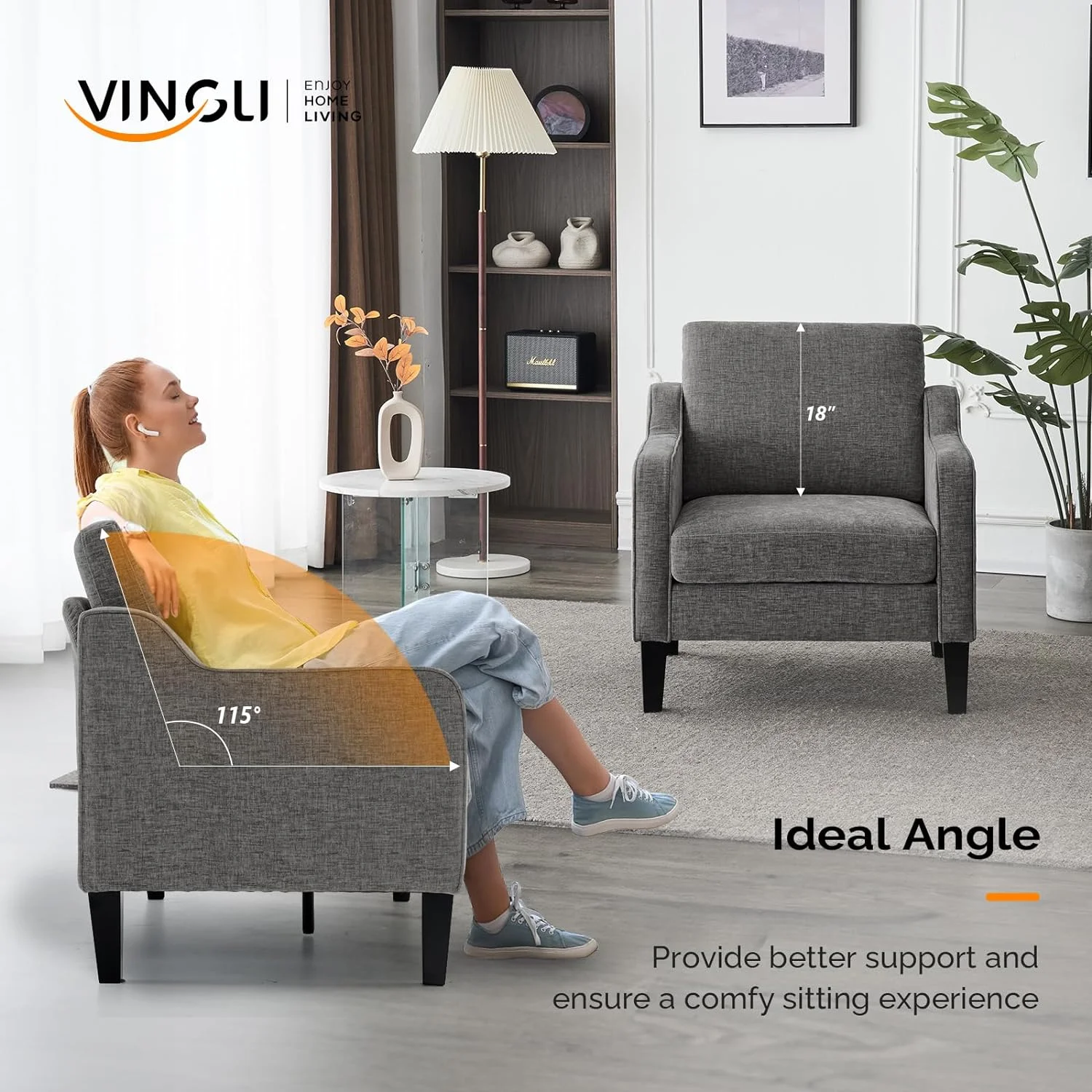 VINGLI Mid Century Modern Chenille Comfy Armchair, Creamy White