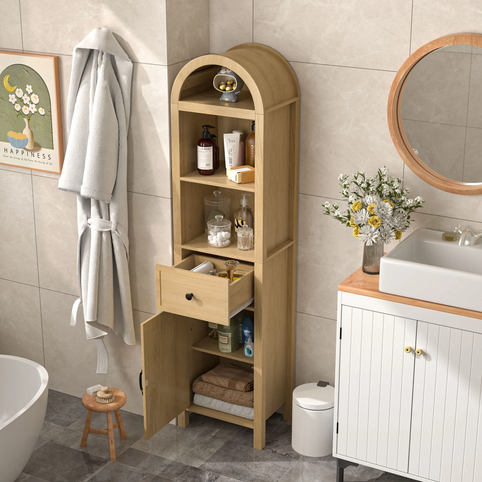 Tall Bathroom Storage Cabinets with Doors and Shelves, Narrow Tall Linen Cabinet with Drawer(Walnut) - Image 8