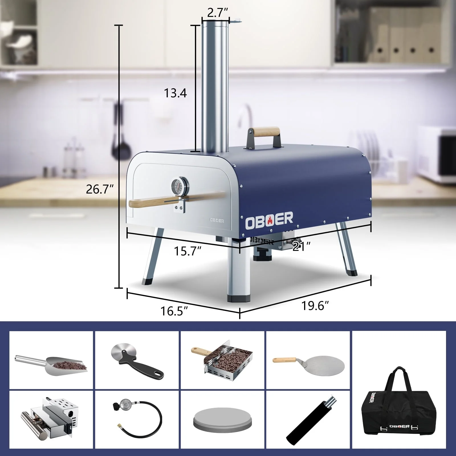 NAIZEA Outdoor Wood Fired Pizza Oven,Stainless Steel Pizza Grill,W/Complete Accessories Pizza Bag For Outdoor Cooking (Blue)(Black) Image 7