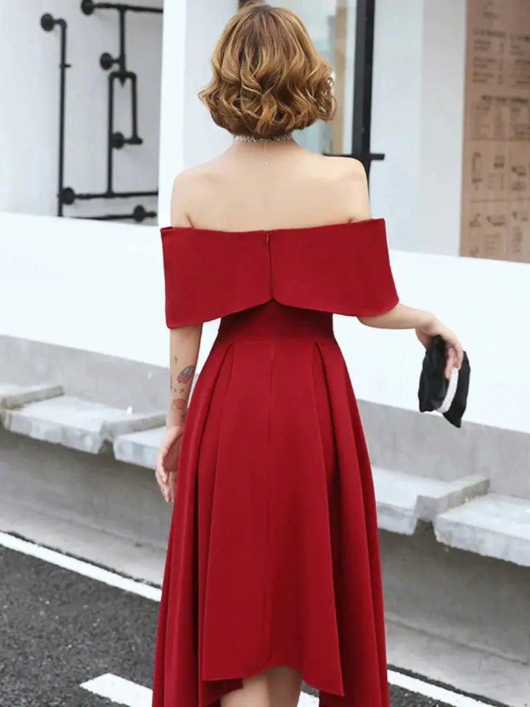 High Low Tea Length Prom Dress, Off Shoulder Graduation Dresses, Burgundy Homecoming Dresses DMHD12