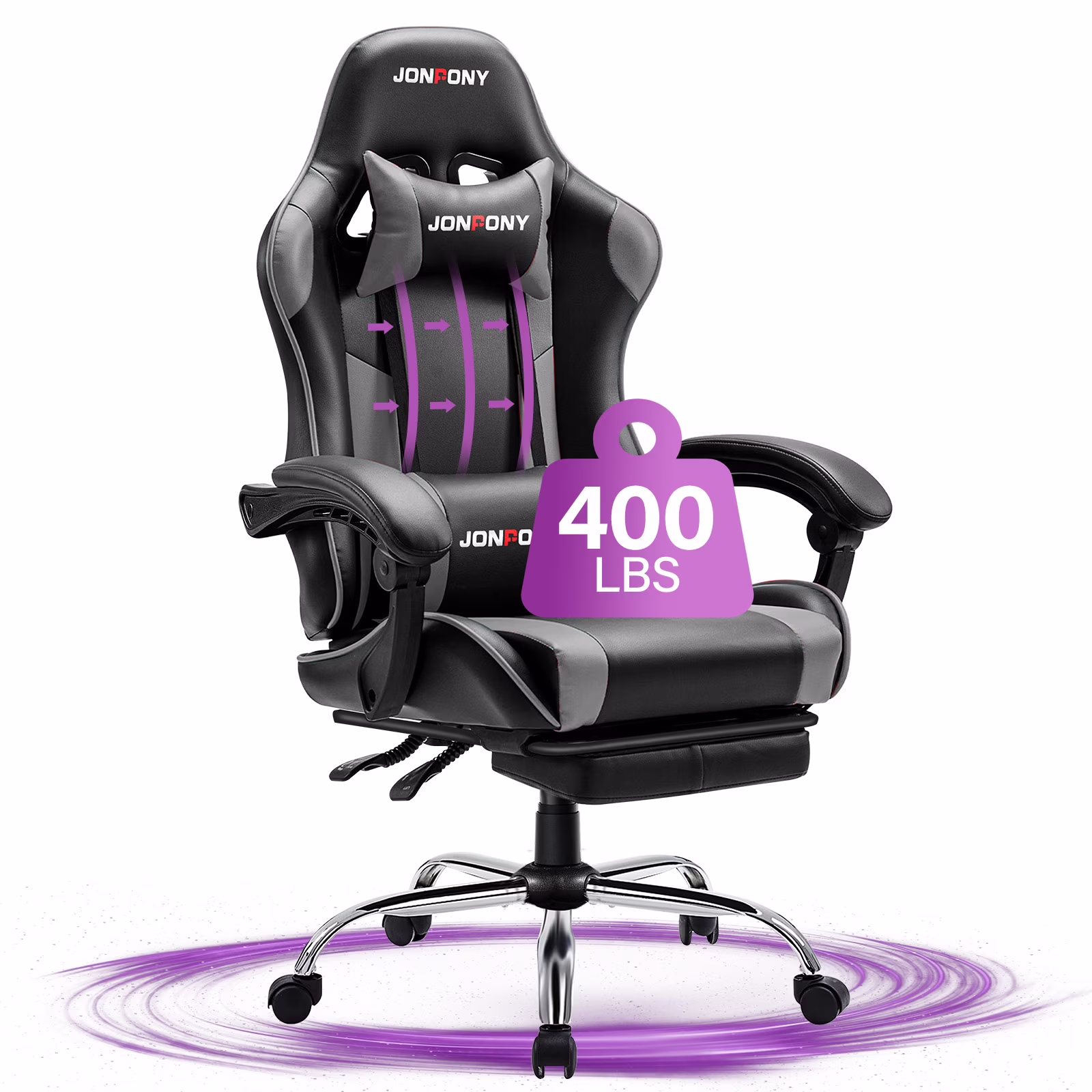 Big and Tall Gaming Chair, Ergonomic Design, Gamer Chair PU Leather with Footrest and Lumbar Support, High Back Office Chair Support 8 Hours Long Sitting, Computer Chair,Black Grey(Black)