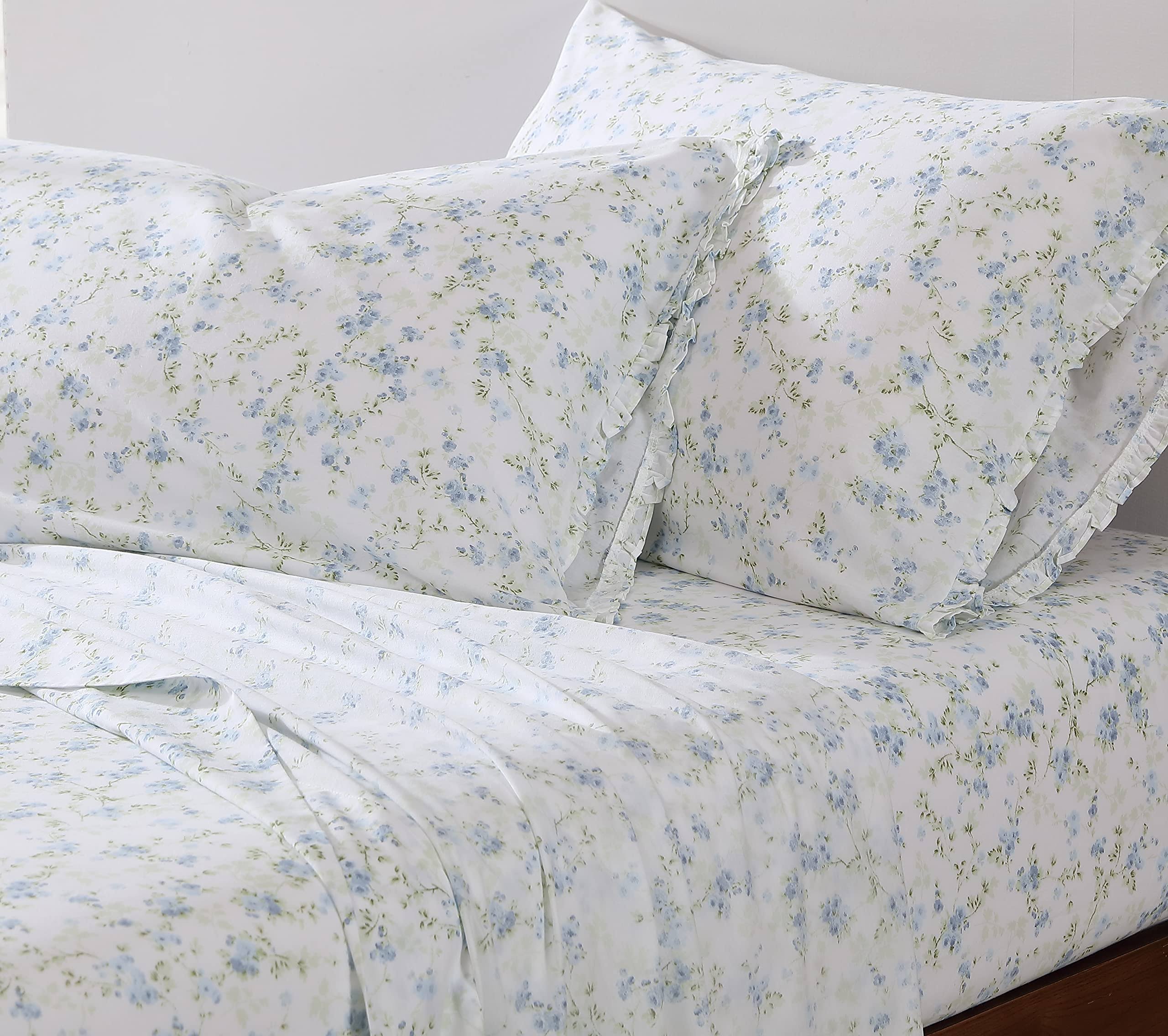 Shabby Chic - King Sheets, Soft & Breathable Organic Cotton Bedding Set, Floral Home Decor with Ruffled Pillowcases (Ella Blue, King)