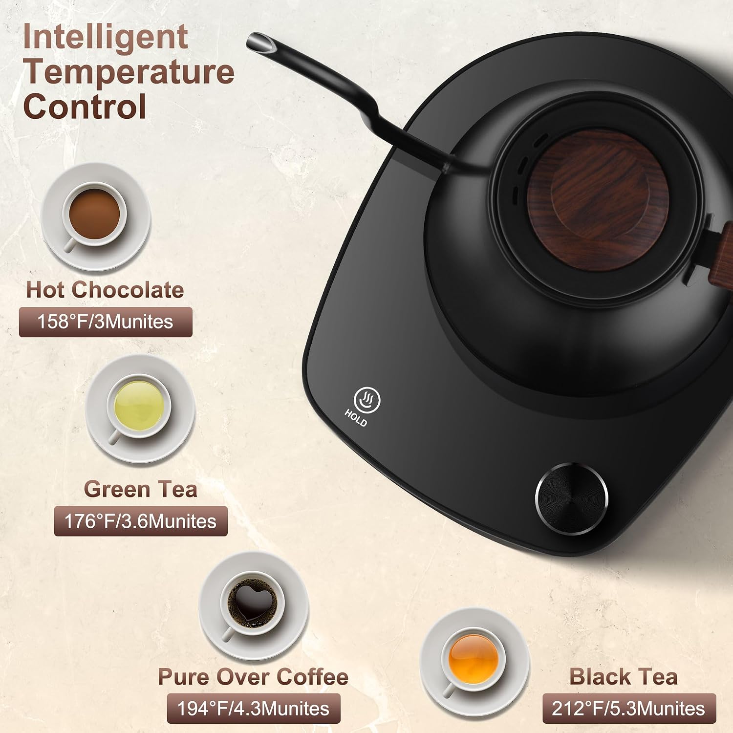 Gooseneck Electric Kettle, Intelligent Temperature Control, Stainless Steel Interior, Quick Heating, for Pour Over Coffee, Brew Tea, Boil Hot Water, 1000W 0.9L Black