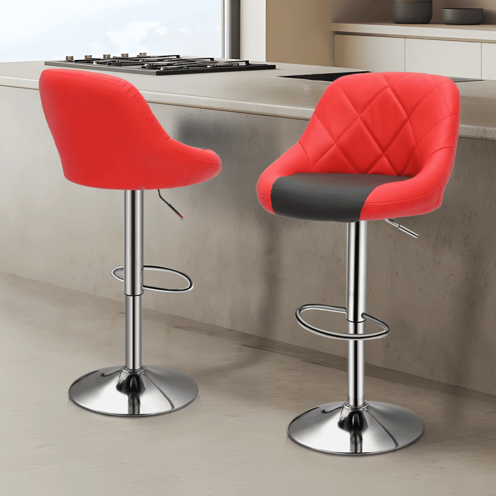 Set of 4 Modern Swivel Bar Stools for Kitchen Counter Faux Leather Height Adjustable Barstools Chairs, Red/Black(Black) - Image 5
